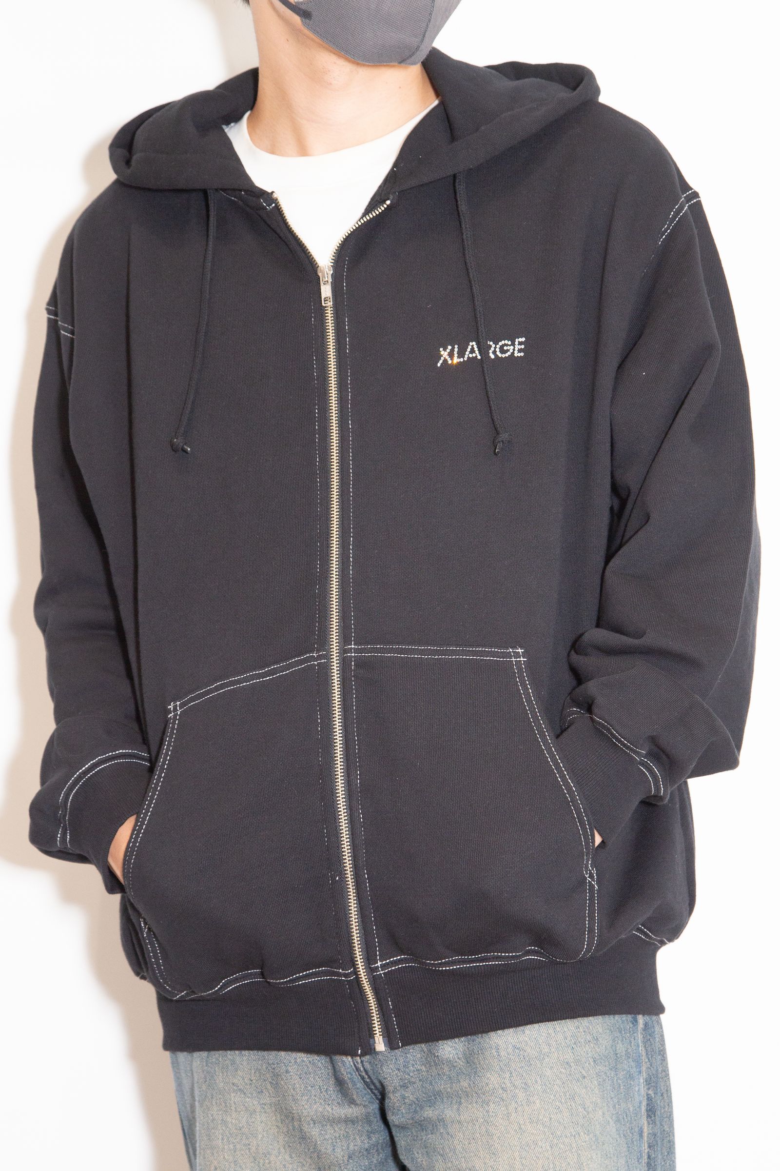 RHINESTONE OG ZIP HOODED SWEATSHIRT / ブラック