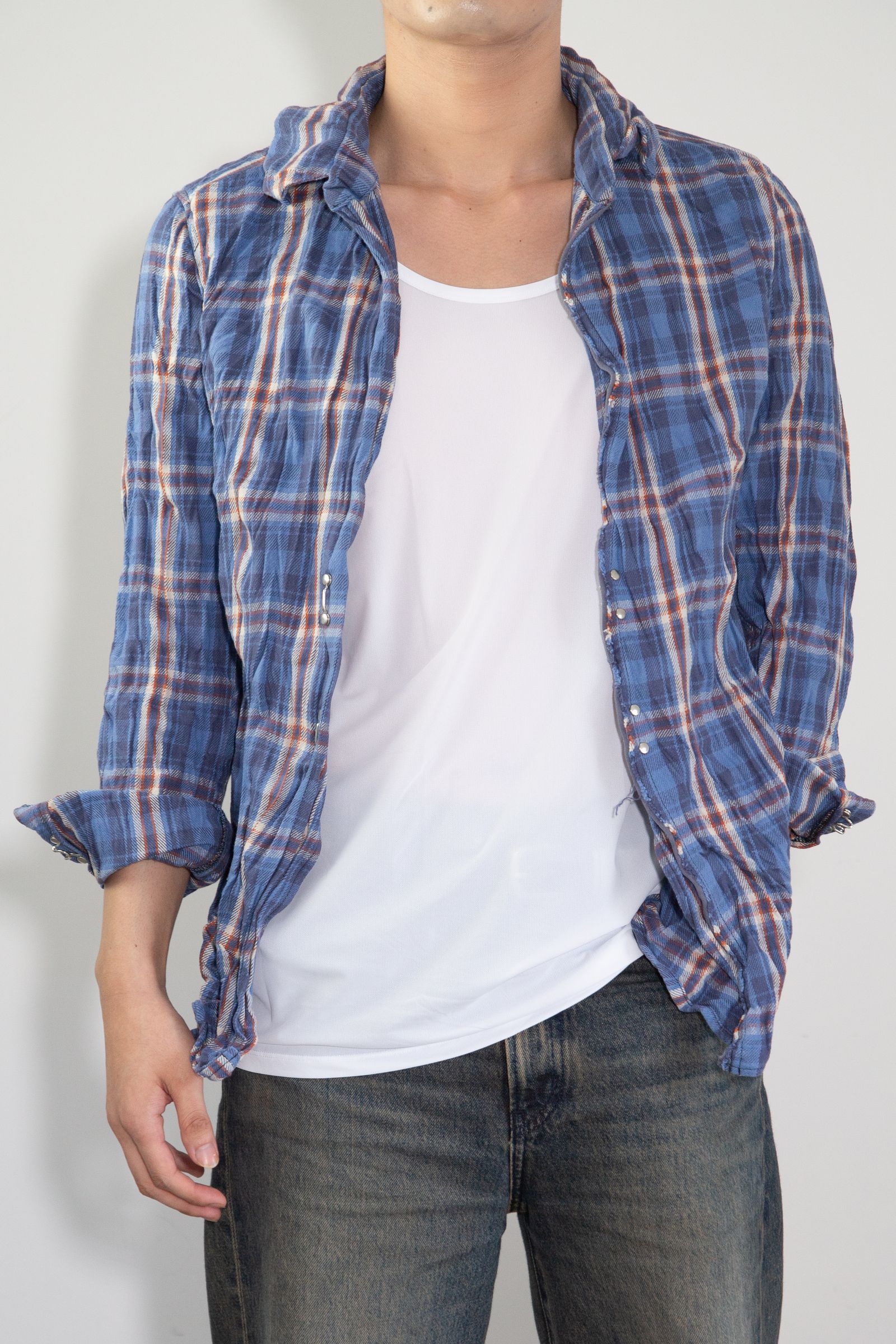 [ラスト1点 サイズ4] WRINKLE HOOK SHIRTS / ブルーxグレー
