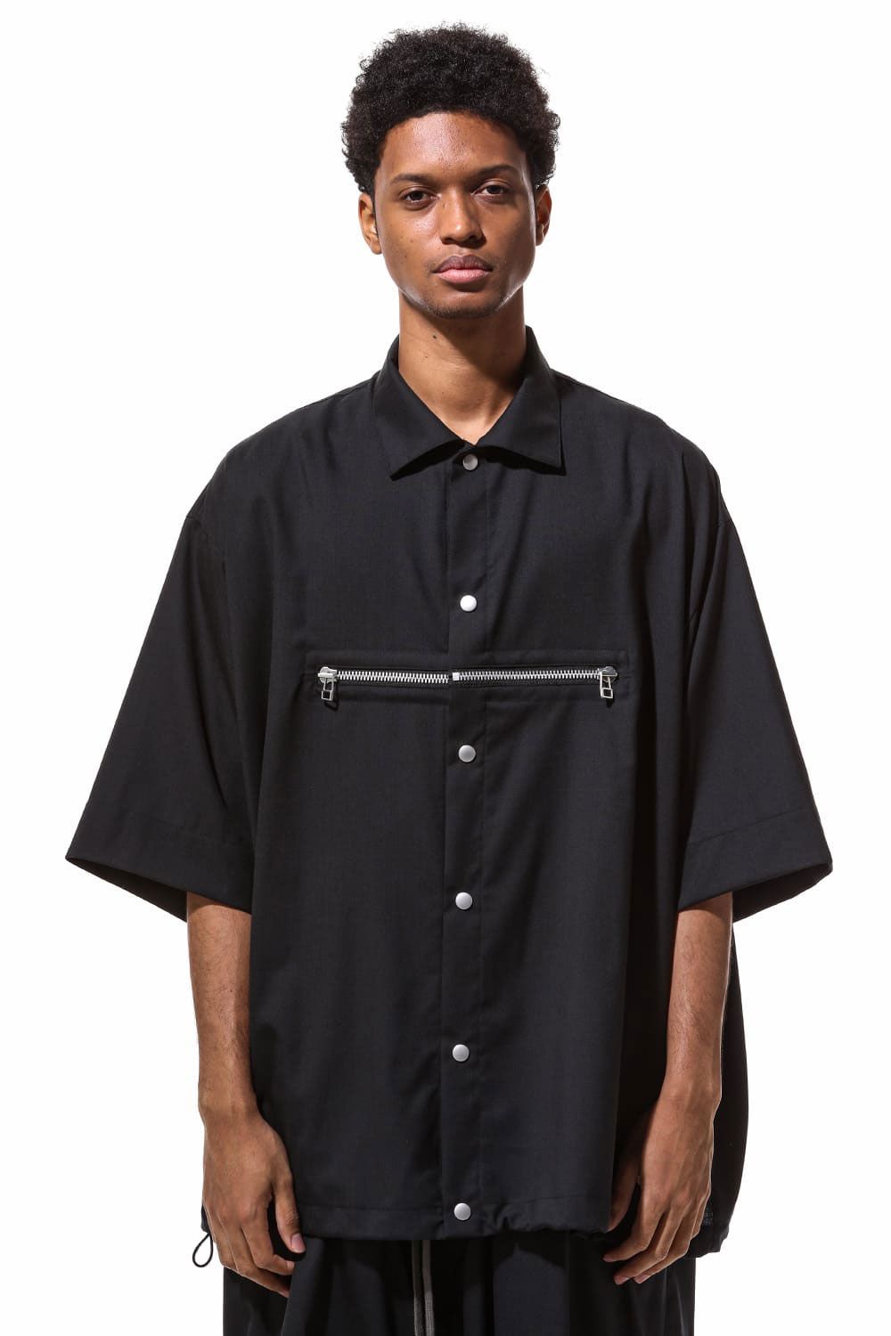 サマーウールハーフスリーブシャツ / Summer Wool Front Zip Harf Sleeve Shirts / ブラック / ag-9060-2