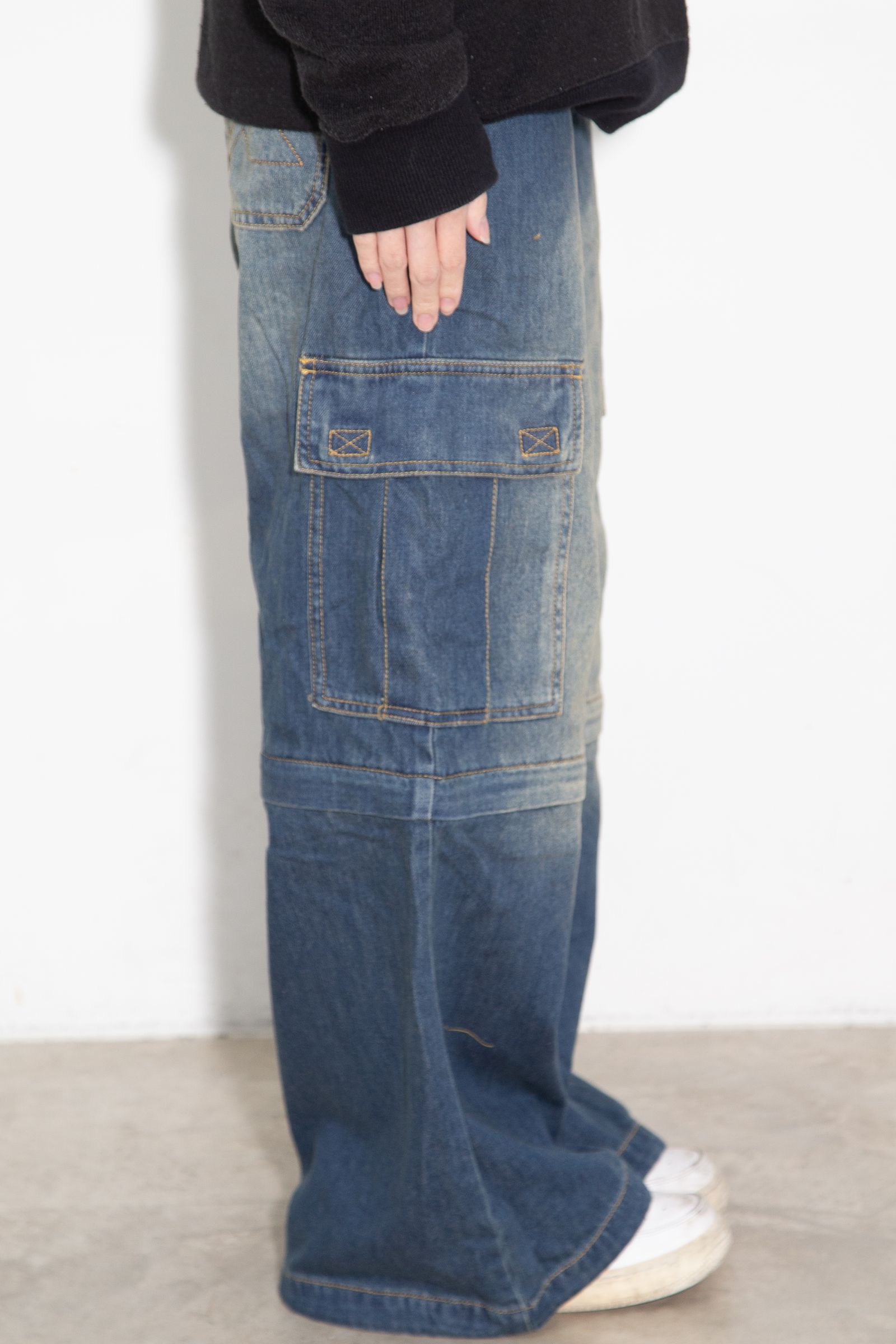 FADED 2WAY WIDE LEG DENIM CARGO PANTS / インディゴ