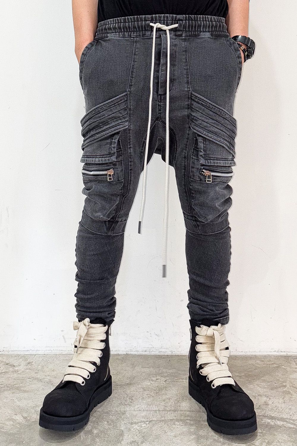 サルエルカーゴスキニーデニム / Indigo Denim Cargo Sarouel Skinny / ダメージブラック / ag-6036-2