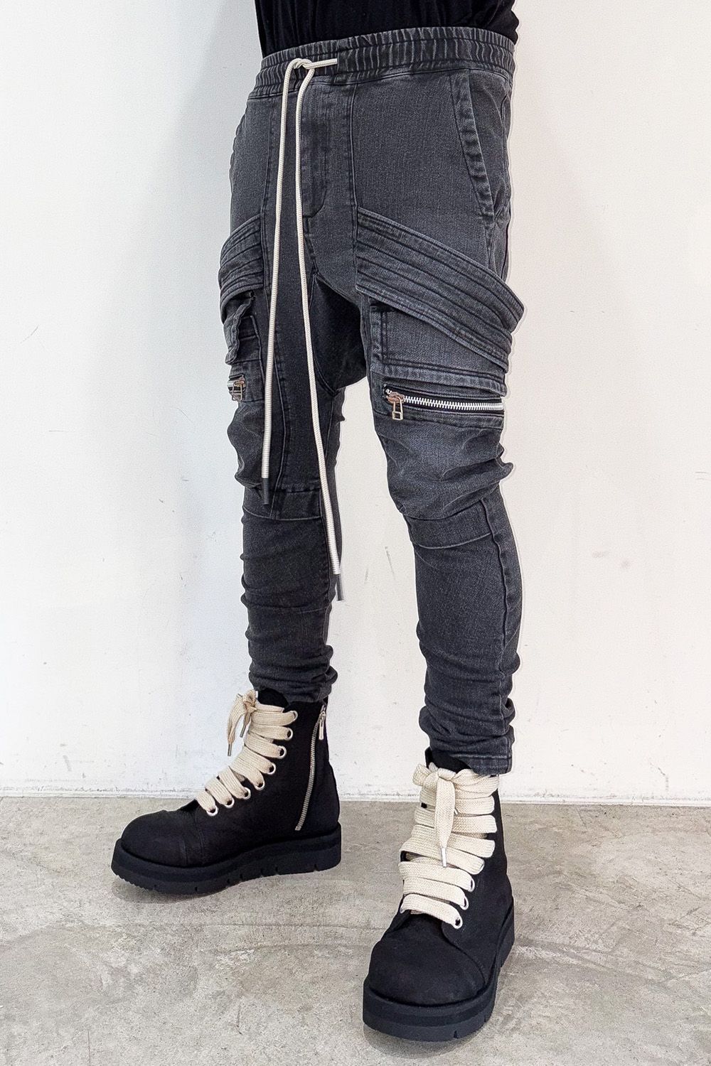 サルエルカーゴスキニーデニム / Indigo Denim Cargo Sarouel Skinny / ダメージブラック / ag-6036-2