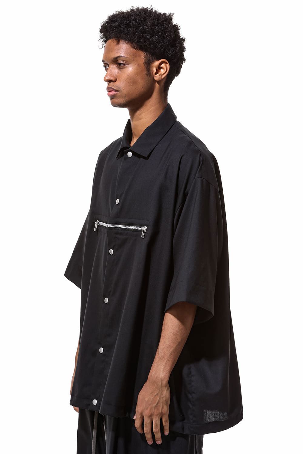 サマーウールハーフスリーブシャツ / Summer Wool Front Zip Harf Sleeve Shirts / ブラック / ag-9060-2