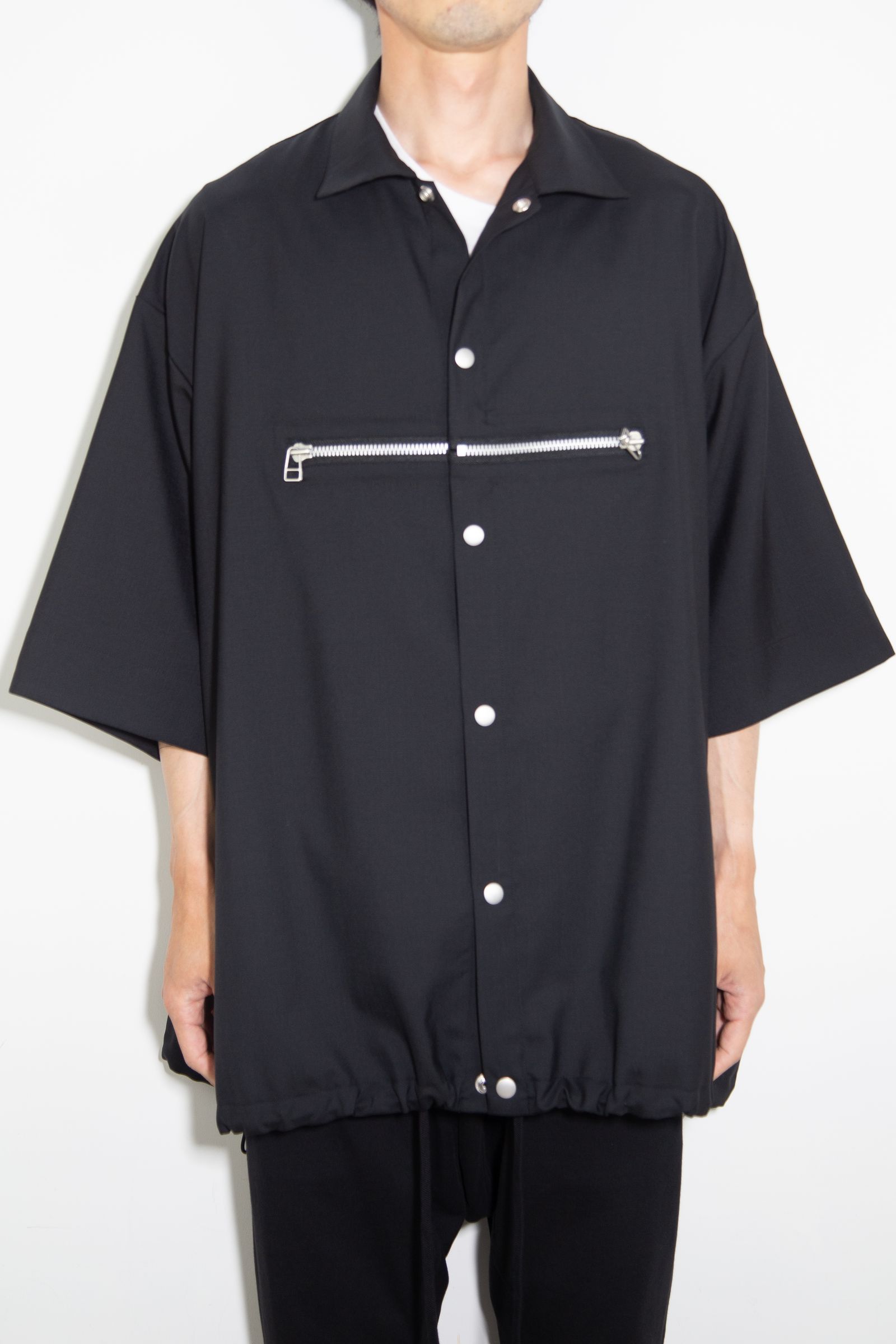 サマーウールハーフスリーブシャツ / Summer Wool Front Zip Harf Sleeve Shirts / ブラック / ag-9060-2