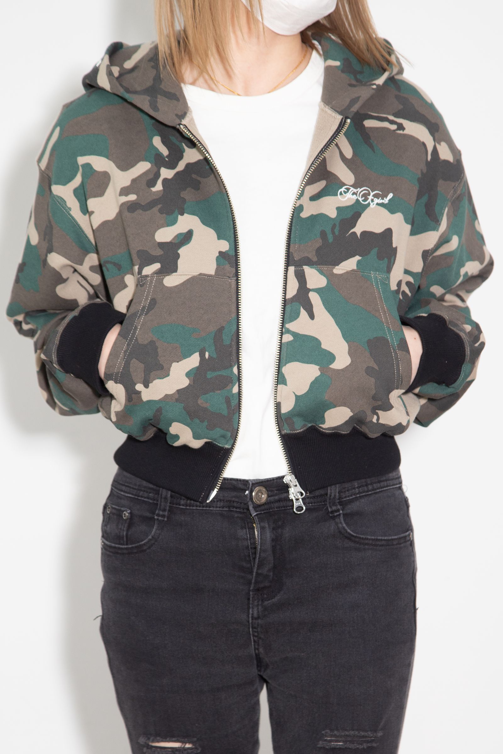 ［ラスト1点 サイズM］ONE POINT PENCIL SCRIPT LOGO ZIP UP SWEAT HOODIE / カモ