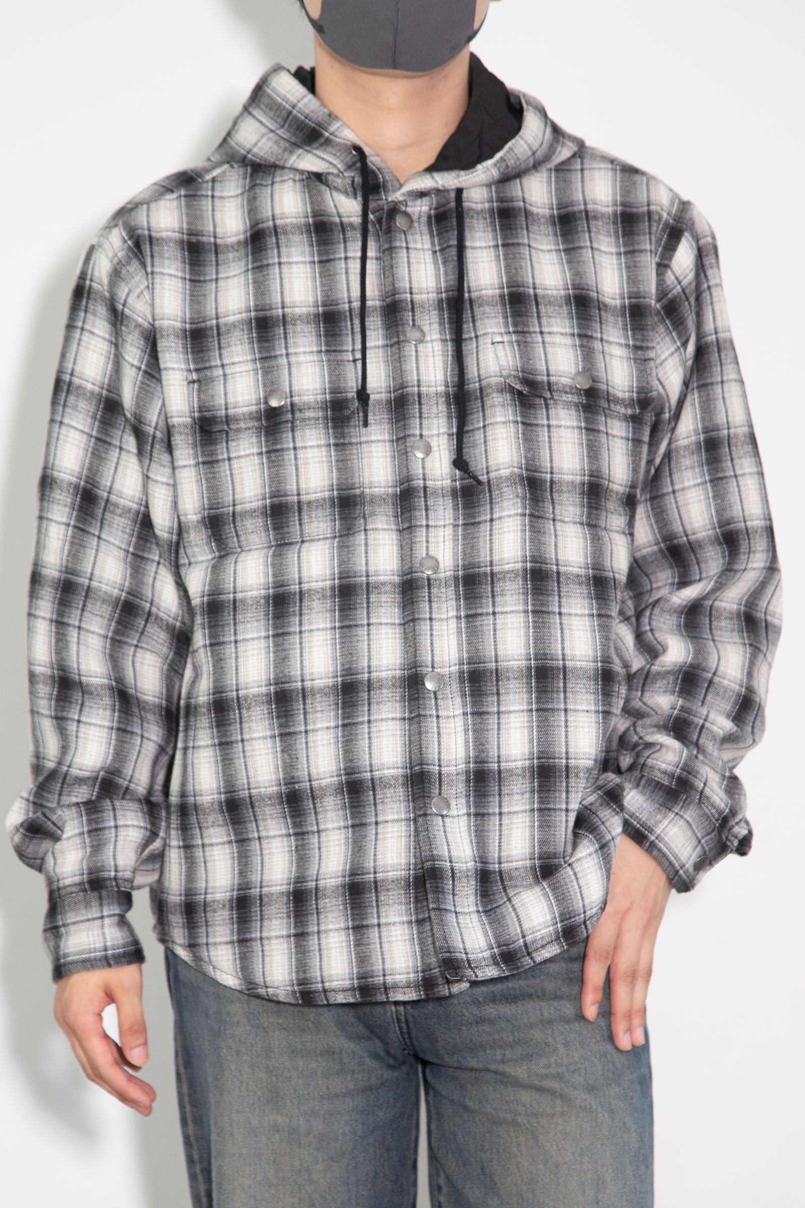 HOODED FLANNEL SHIRT / ブラック