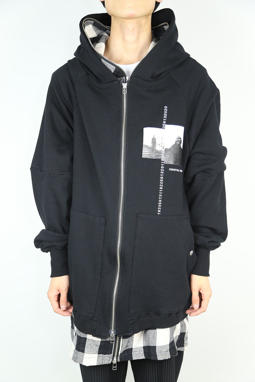 Check Layered Big Hoodie / ブラック×ホワイト