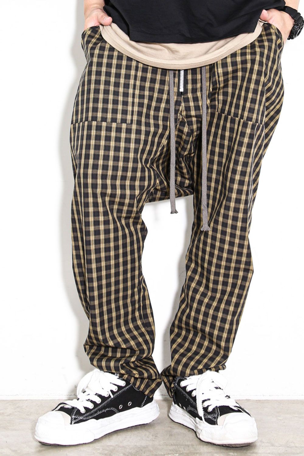 チェックフロントジップサルエルイージーパンツ / Check Front Zip Sarouel Easy Pants / イエロー