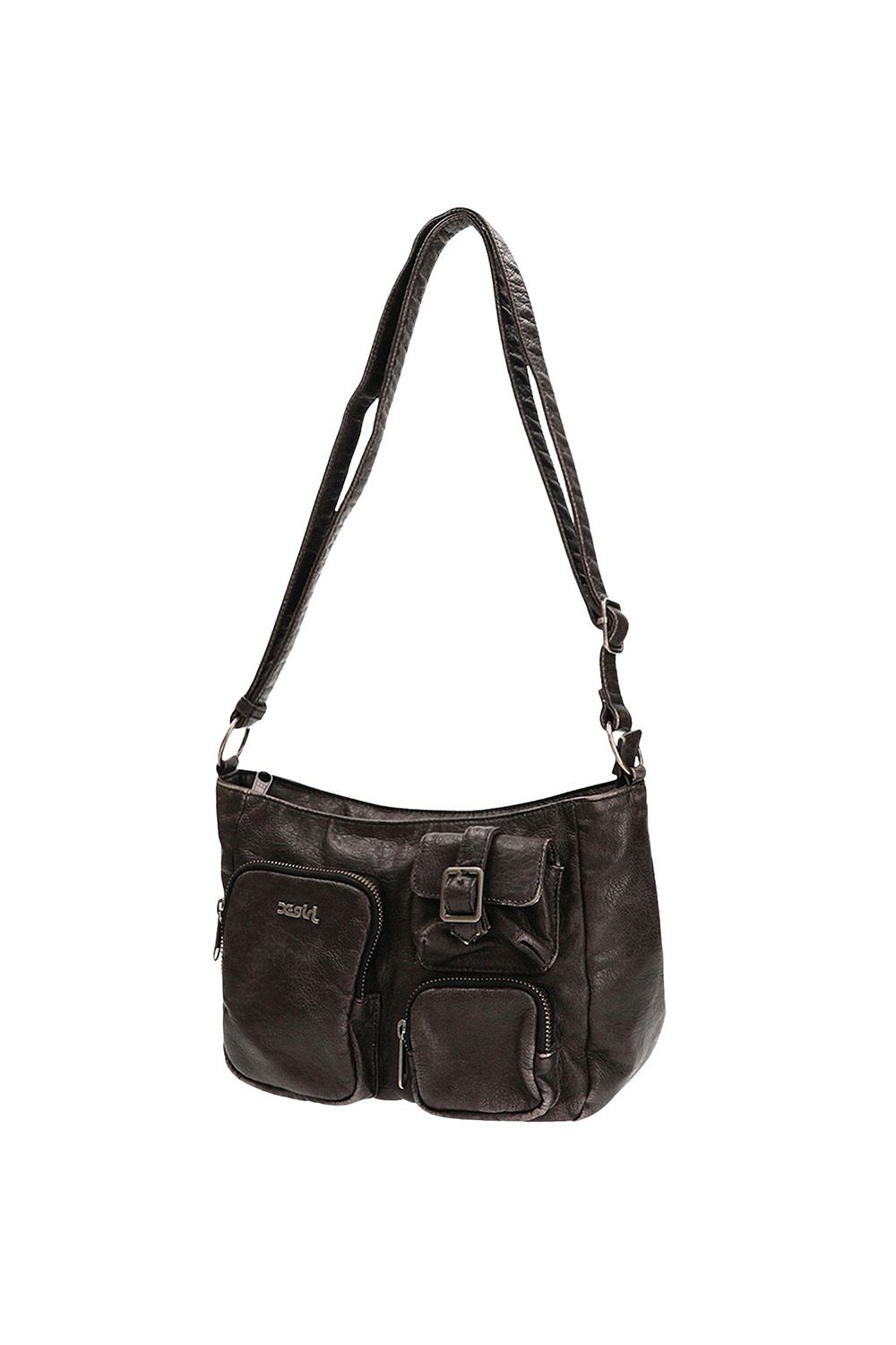 MULTI POCKET FADED FAUX LEATHER BAG / ブラック