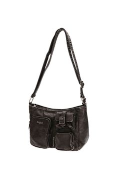 MULTI POCKET FADED FAUX LEATHER BAG / ブラック