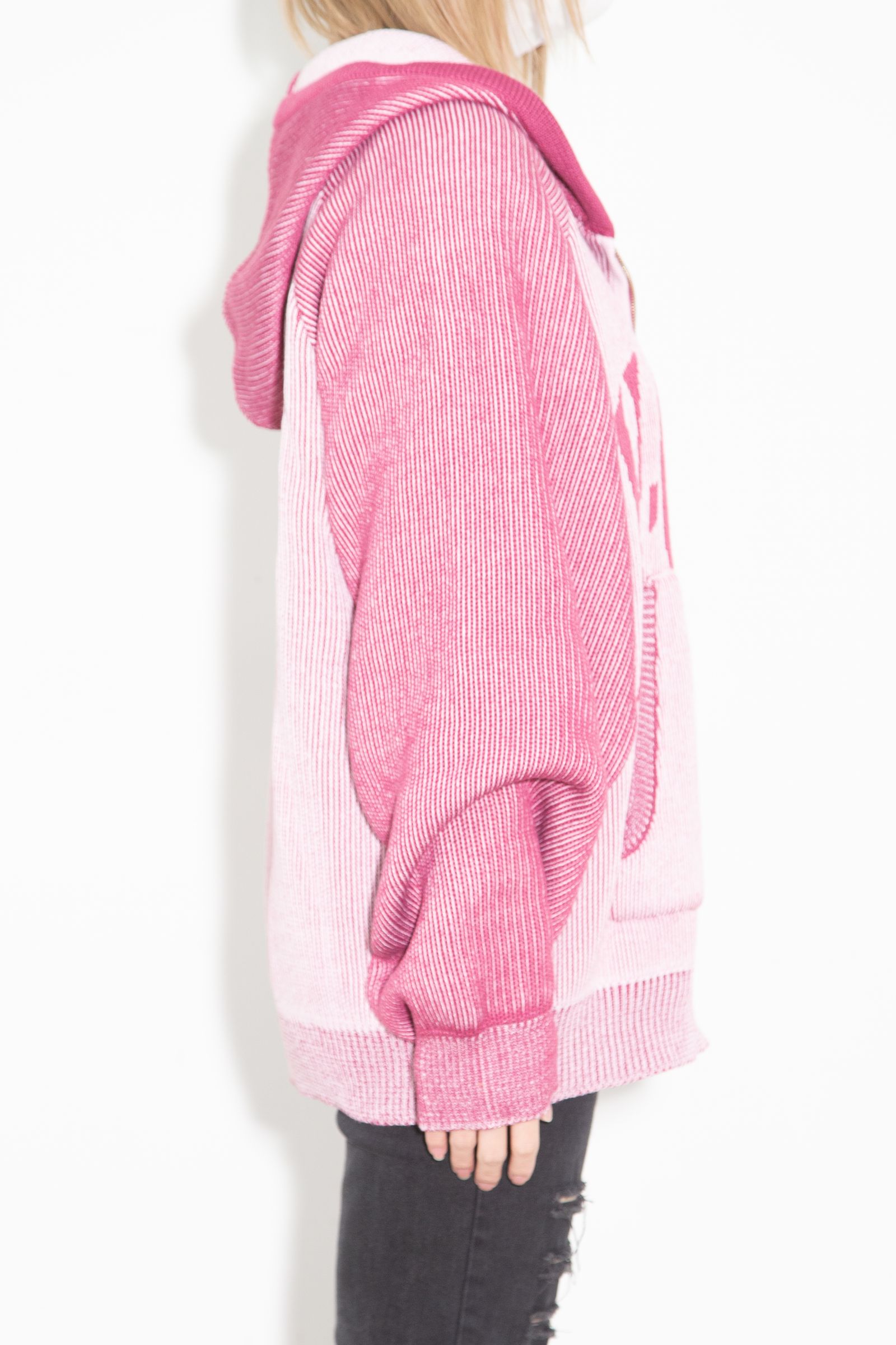 LOGO JACQUARD ZIP UP KNIT HOODIE / ピンク