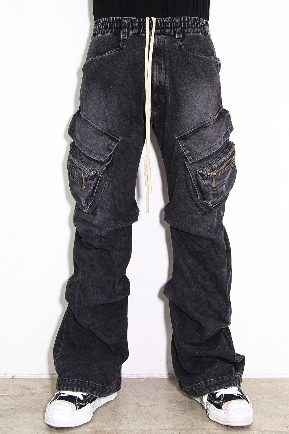 デニムカーゴタックバギーパンツ / Denim Cargo Tuck Baggy Pants / ブラック / ag-11018-3