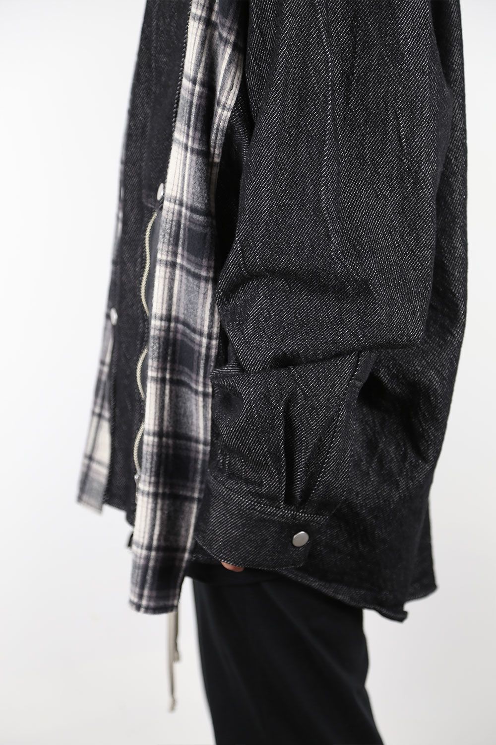 フロントジップアシンメトリーチェックコンビコクーンシャツ / FRONT ZIP ASYMMETRY CHECK COMBI COCOON  SHIRTS / ブラックチェック