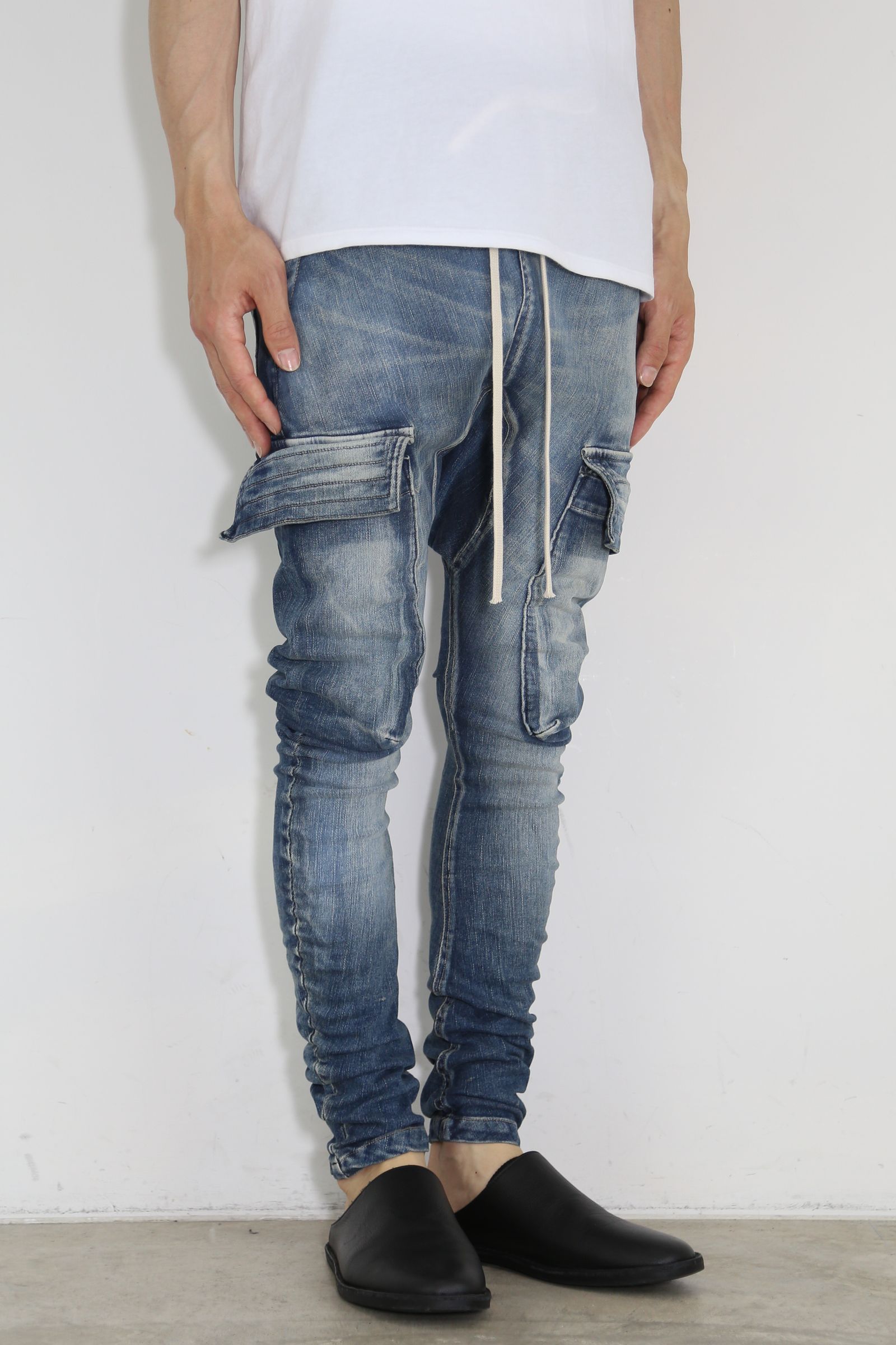 ストレッチデニムサルエルカーゴパンツ / Indigo Stretch Denim Saeouel Cargo Skinny Pants / インディゴ / ag-5044-2
