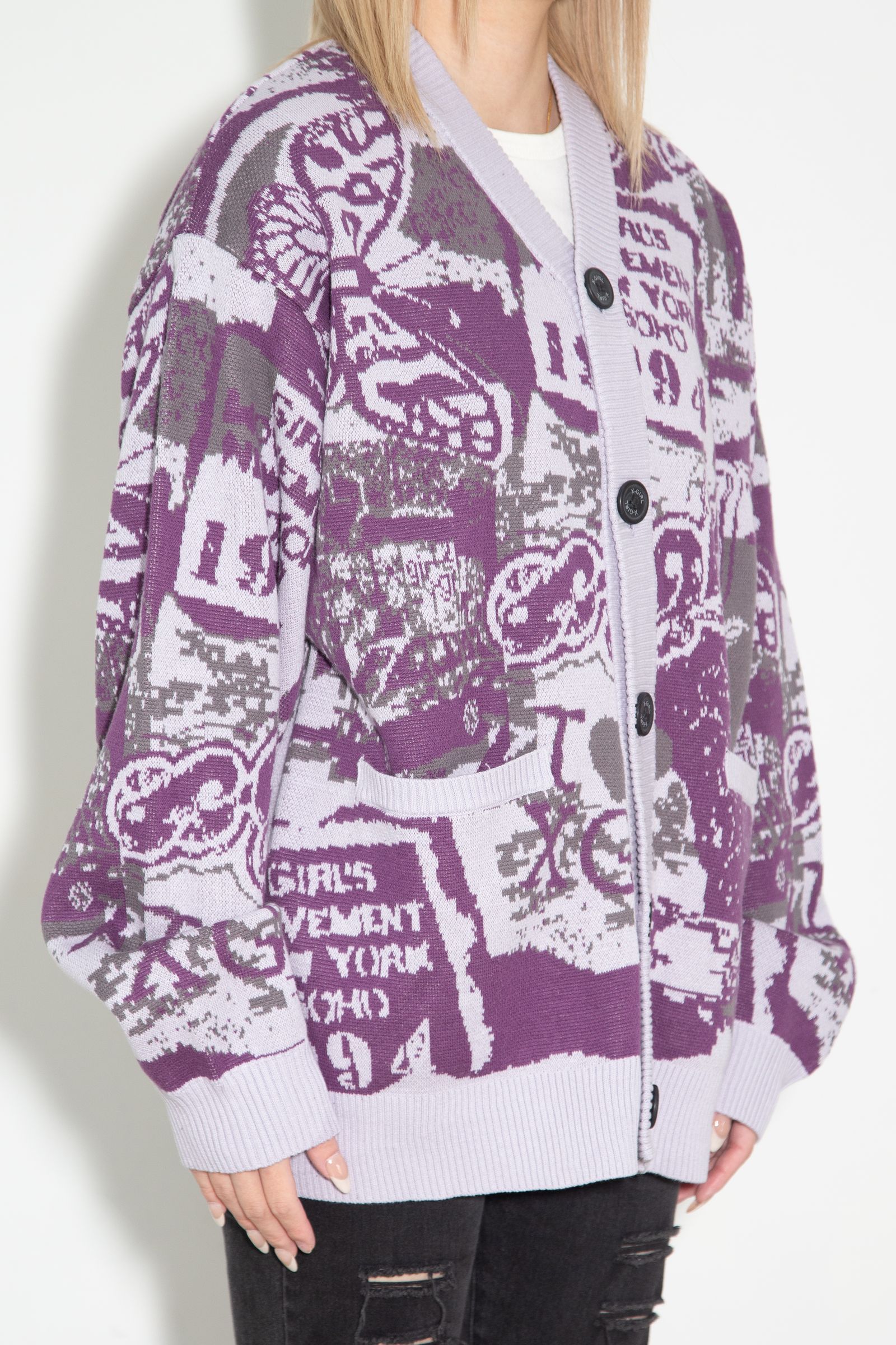 COLLAGE GRAPHIC JACQUARD KNIT CARDIGAN / パープル
