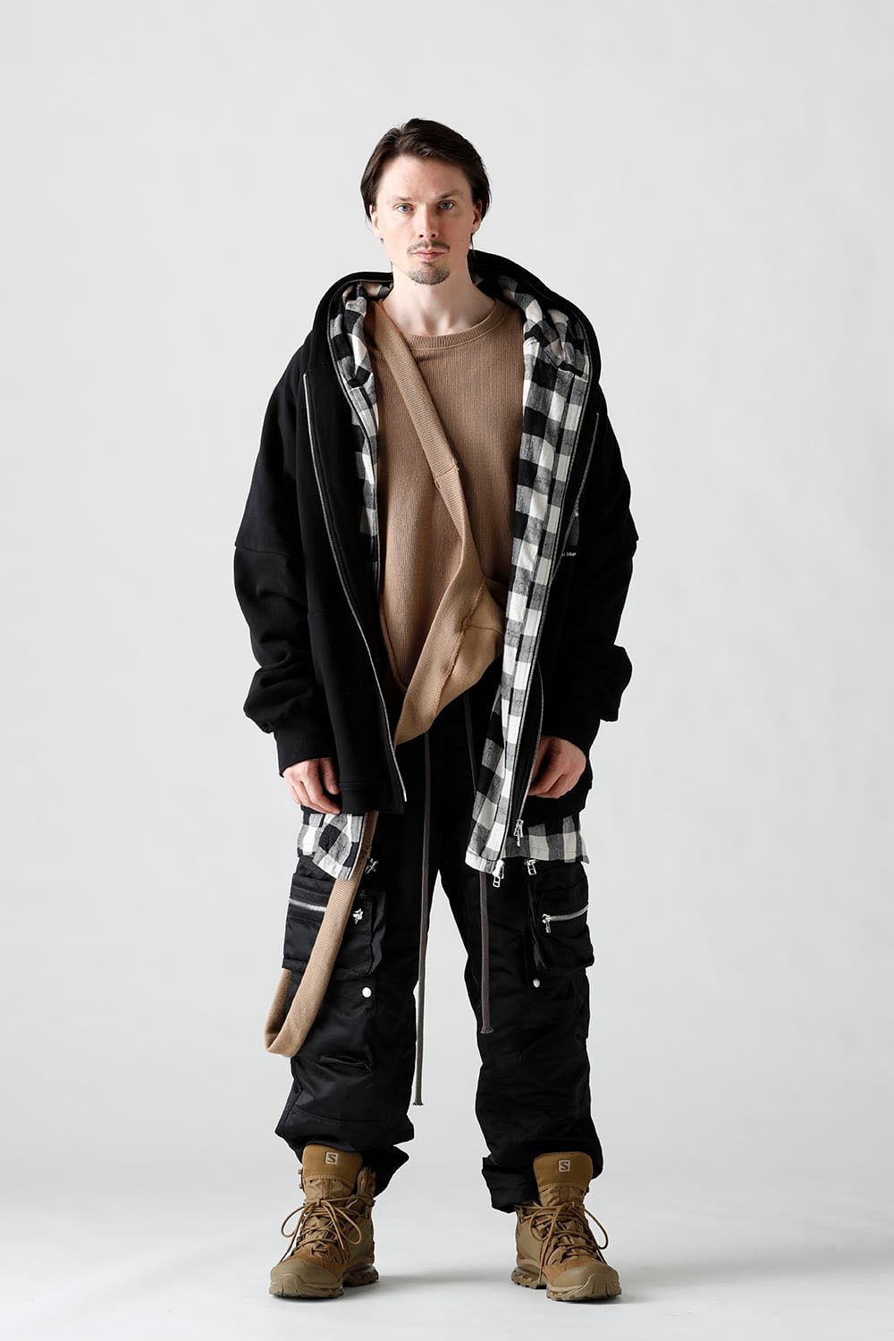 Check Layered Big Hoodie / ブラック×ホワイト