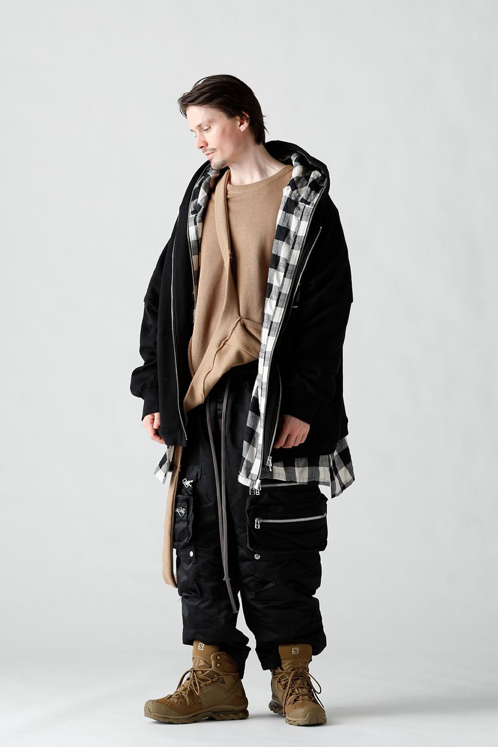 Check Layered Big Hoodie / ブラック×ホワイト