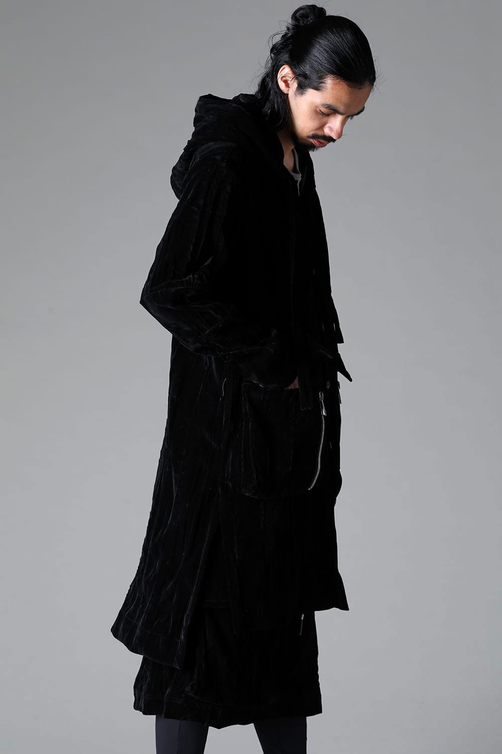[ラスト1点 サイズ3] ベロアフーディーロングジャケット / HOODED LONG JKT / ブラック / ag-12037