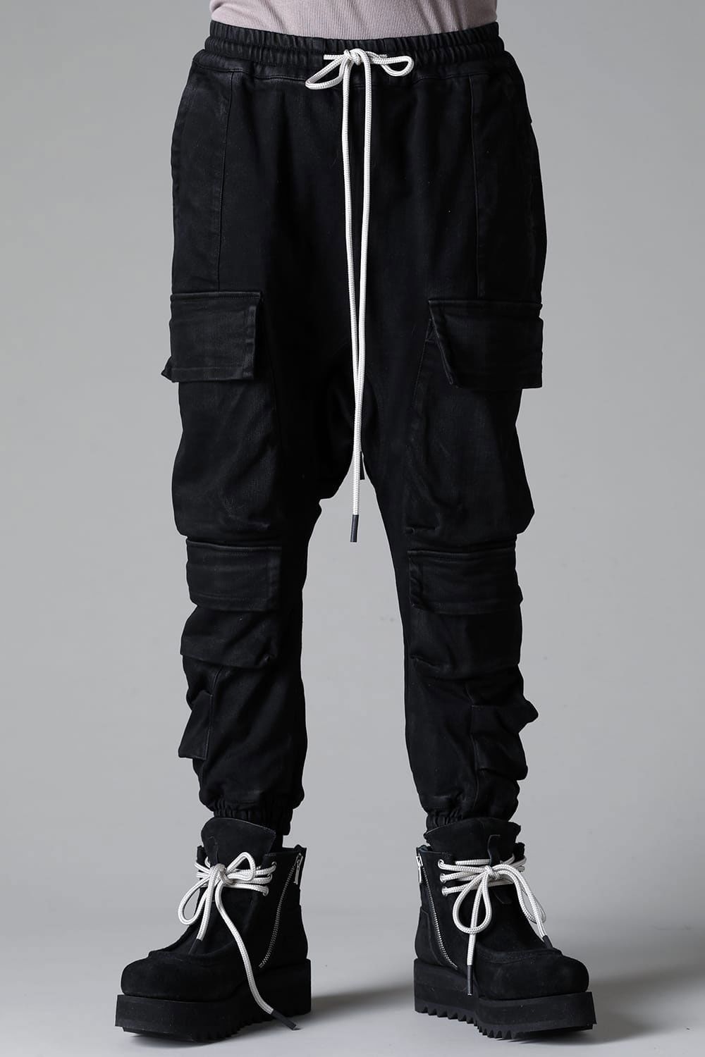 [ラスト1点 サイズ3] 【コーティングあり】サルエルカーゴジョガーパンツ / COATED SAROUEL CARGO JOGGER DENIM / ブラック / ag-12042-1