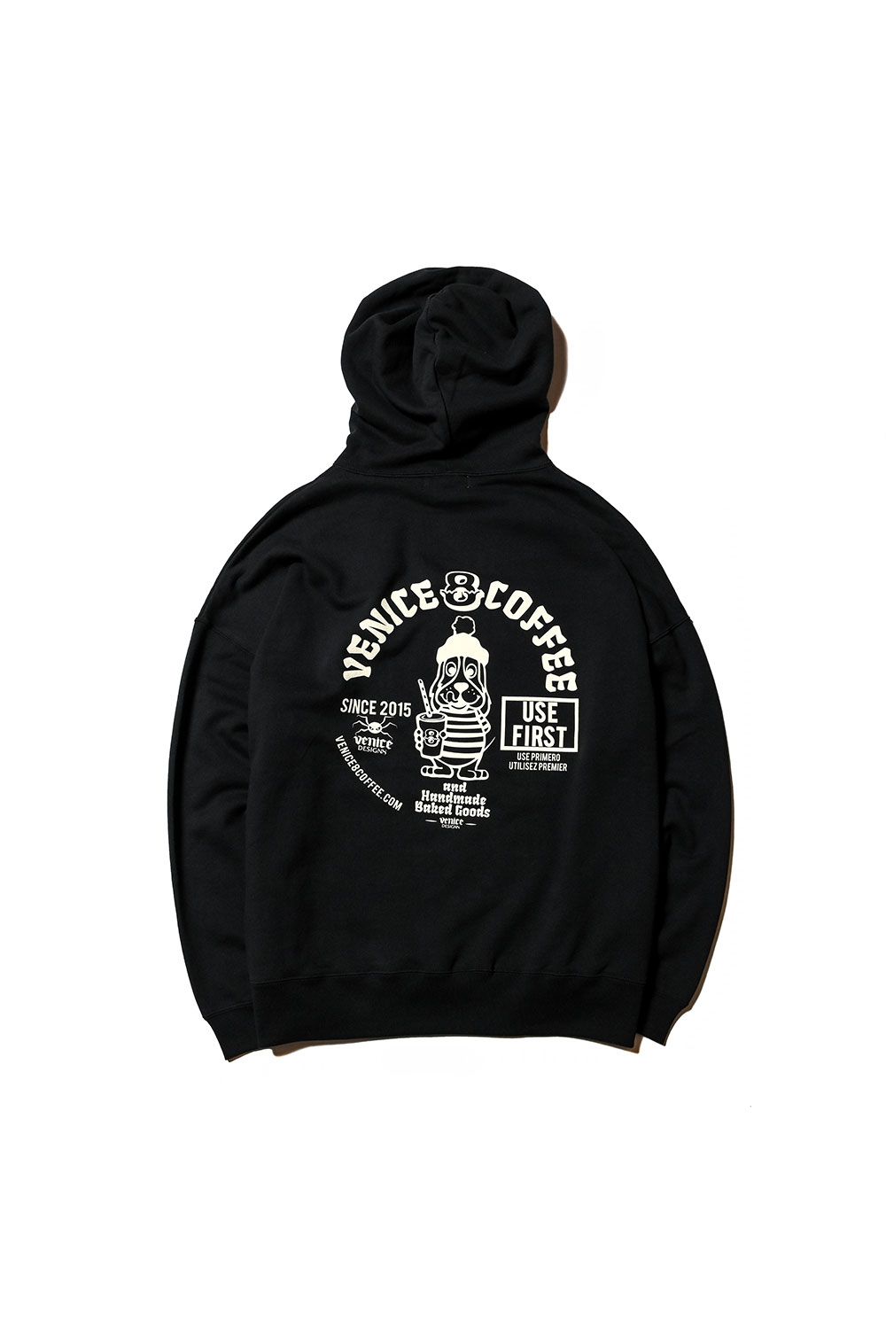 ×VENICE8 COFFEE HOUSE®️ CAFE DOG DROPSHOULDER  PULLOVER HOODIE / ブラック