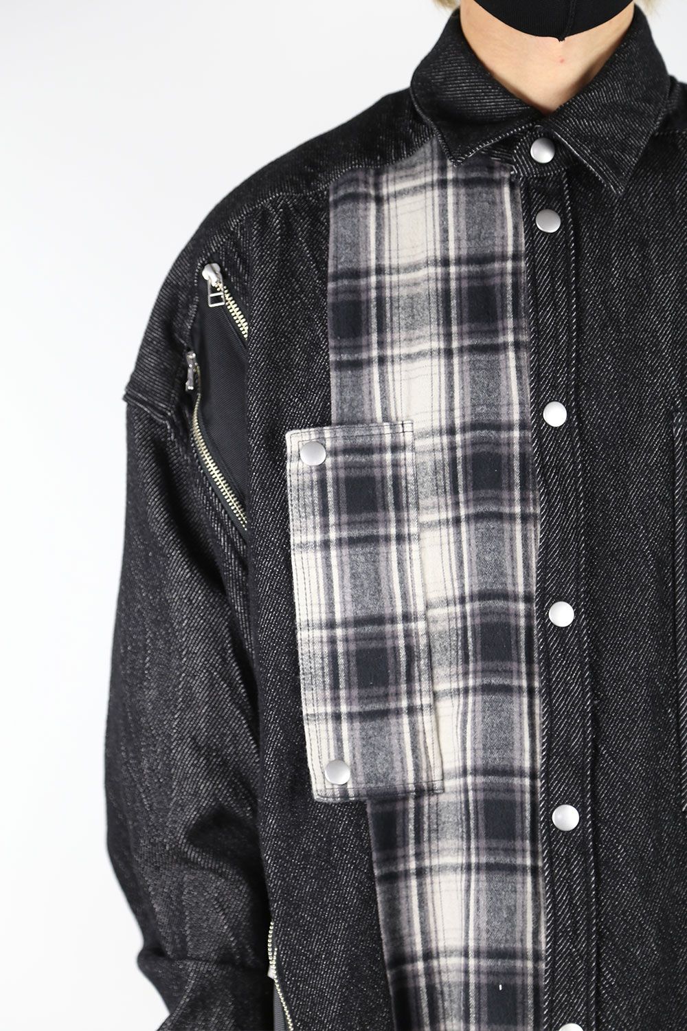 フロントジップアシンメトリーチェックコンビコクーンシャツ / FRONT ZIP ASYMMETRY CHECK COMBI COCOON  SHIRTS / ブラックチェック