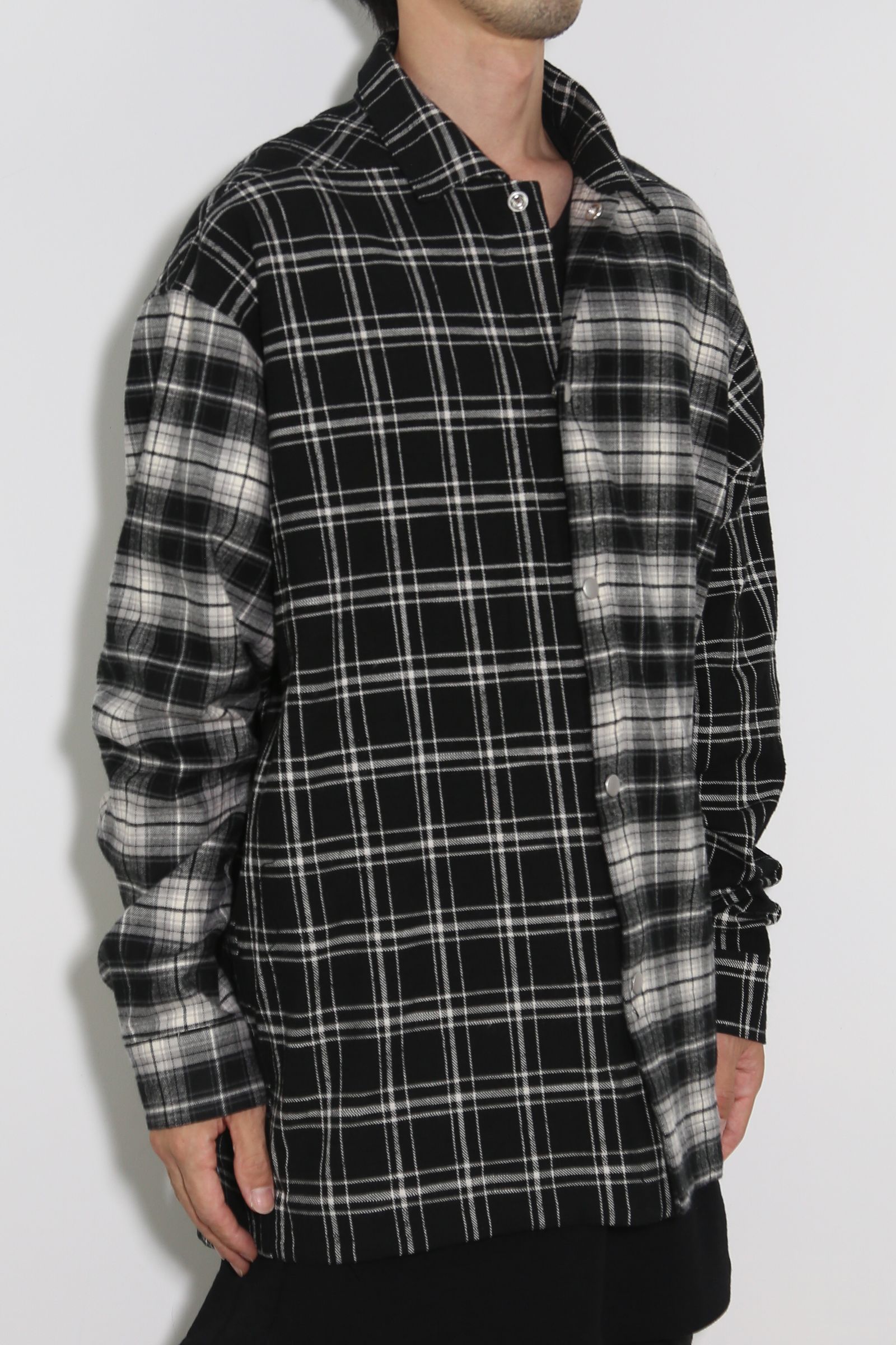 アシンメトリーチェックコンビシャツ / Check Pattern Combi Shirts / ブラック / ag-8074
