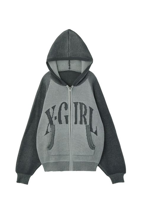 ［ラスト1点］LOGO JACQUARD ZIP UP KNIT HOODIE / グレー