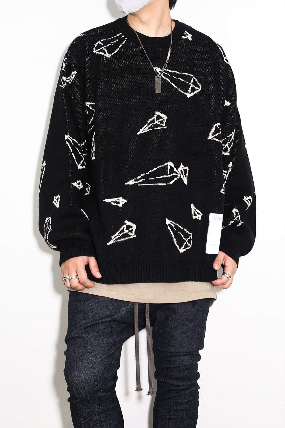 ピラミッド模様リラックスフィットニット / Pyra Pattern Knit Top / ブラック×アイボリー / ag-8009-1