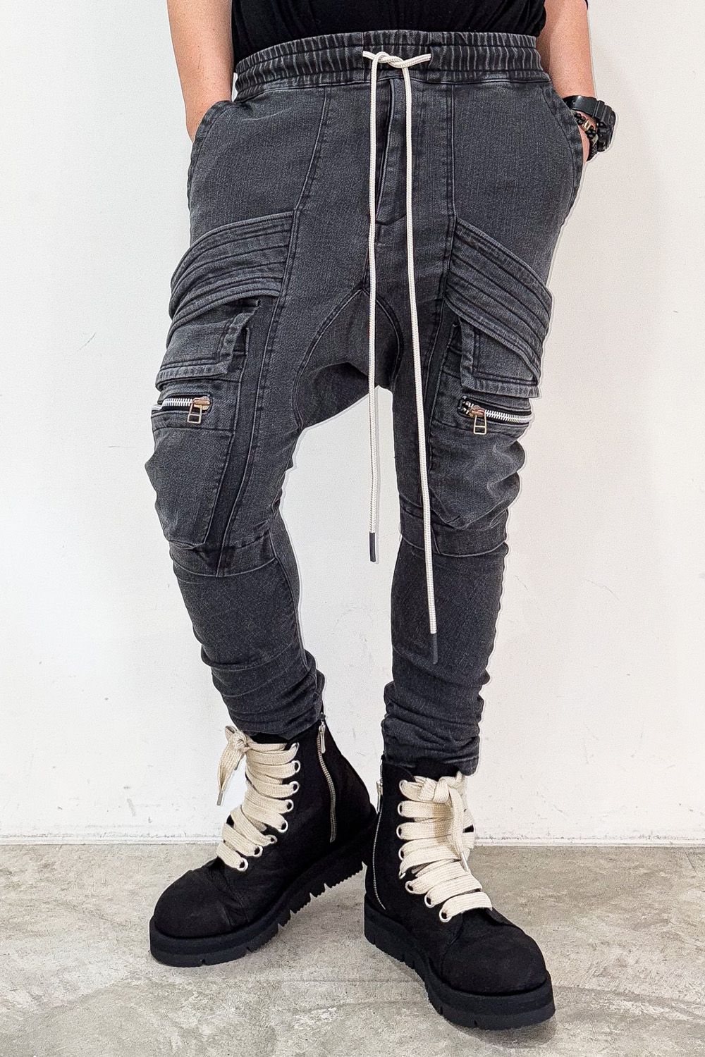 サルエルカーゴスキニーデニム / Indigo Denim Cargo Sarouel Skinny / ダメージブラック / ag-6036-2