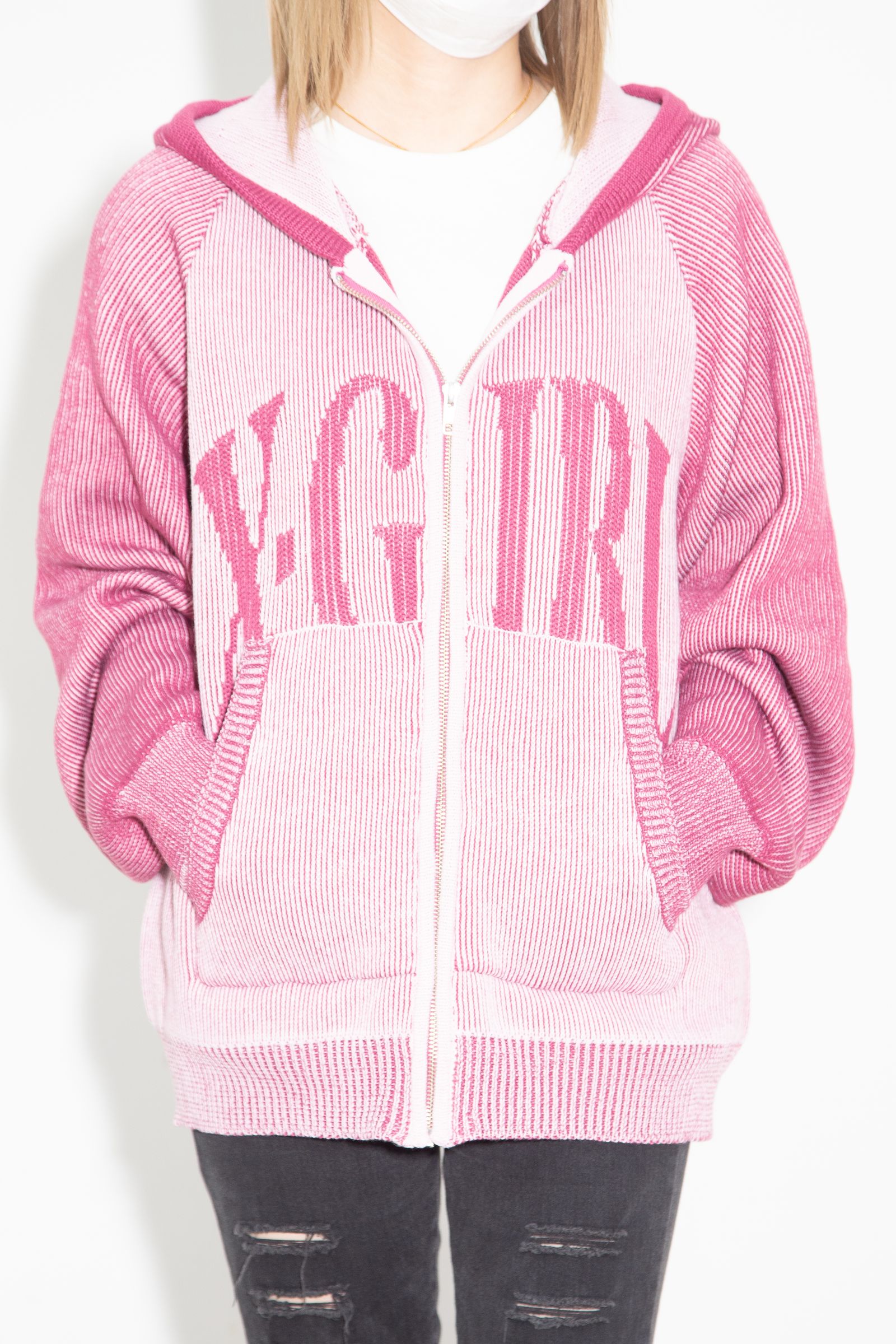 LOGO JACQUARD ZIP UP KNIT HOODIE / ピンク