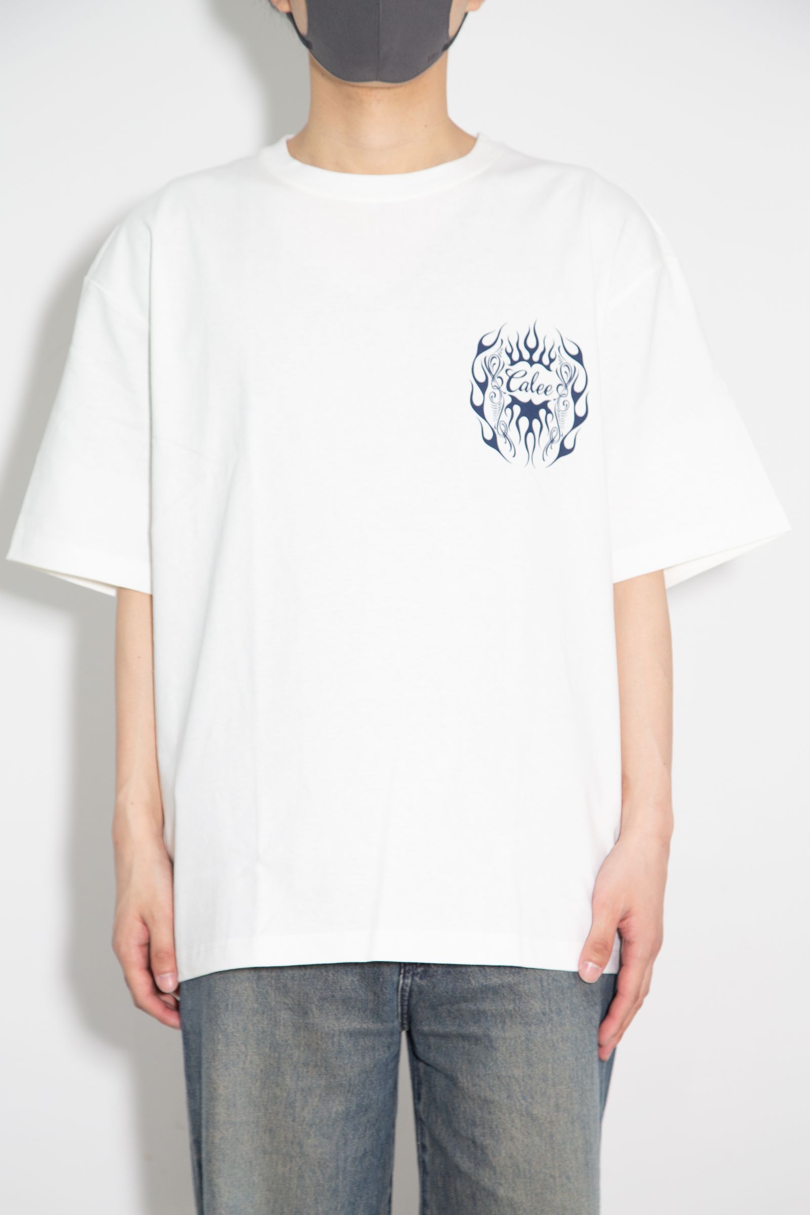 [ラスト1点 サイズL] VINTAGE TYPE FLAME LOGO PINSTRIPING S/ S TEE ＜NATURALLY PAINT DESIGN＞ / ホワイト