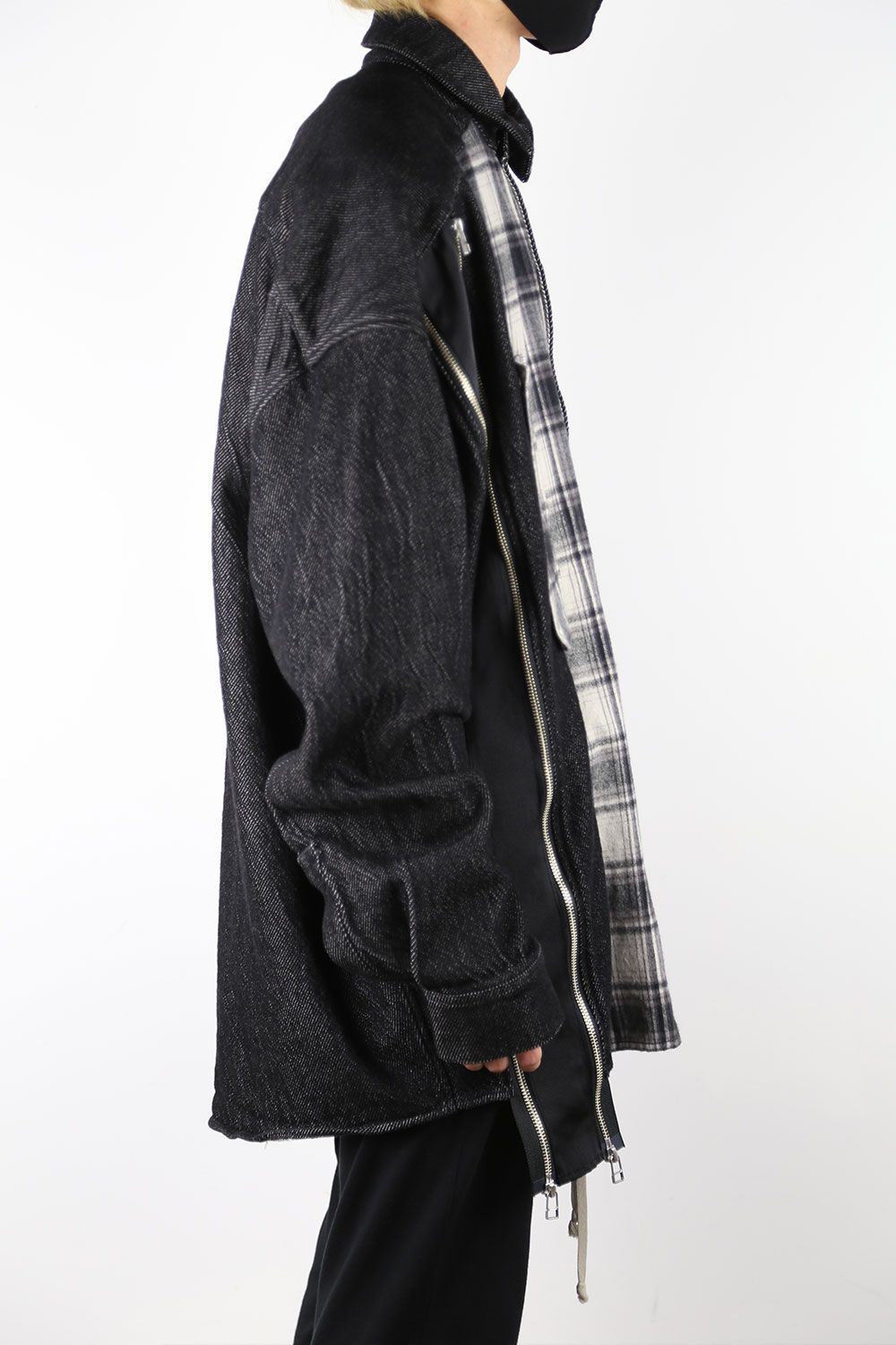 フロントジップアシンメトリーチェックコンビコクーンシャツ / FRONT ZIP ASYMMETRY CHECK COMBI COCOON  SHIRTS / ブラックチェック