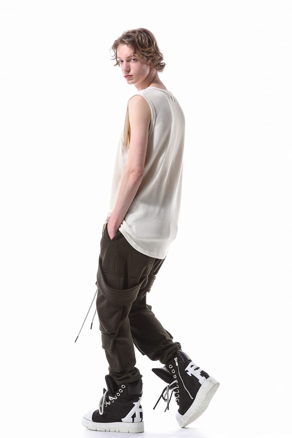 [ラスト1点 サイズ3] ミドル丈ワッフルタンクトップ / Middle Length Tank Top / オリーブ / ag-10096-1