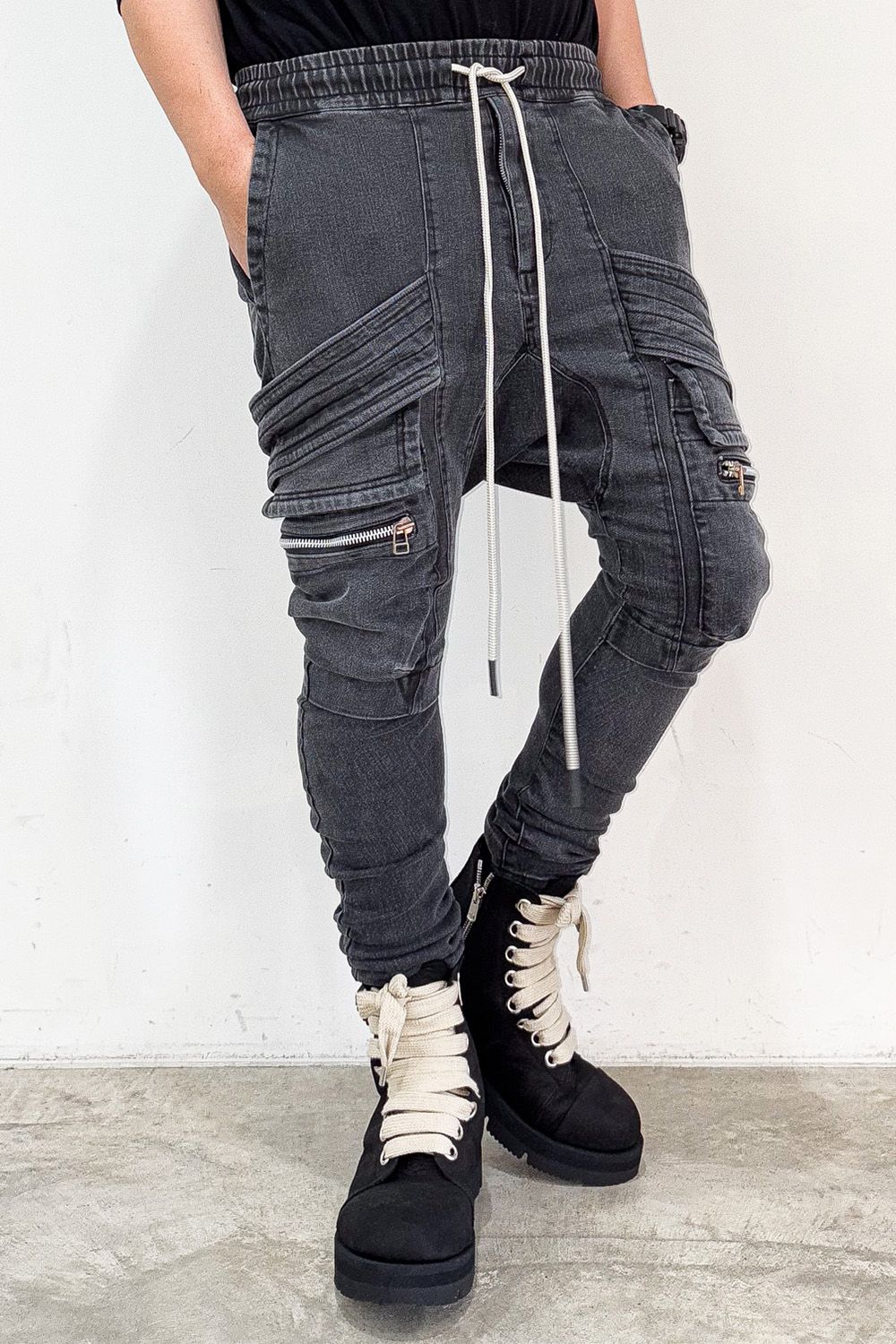 サルエルカーゴスキニーデニム / Indigo Denim Cargo Sarouel Skinny / ダメージブラック / ag-6036-2