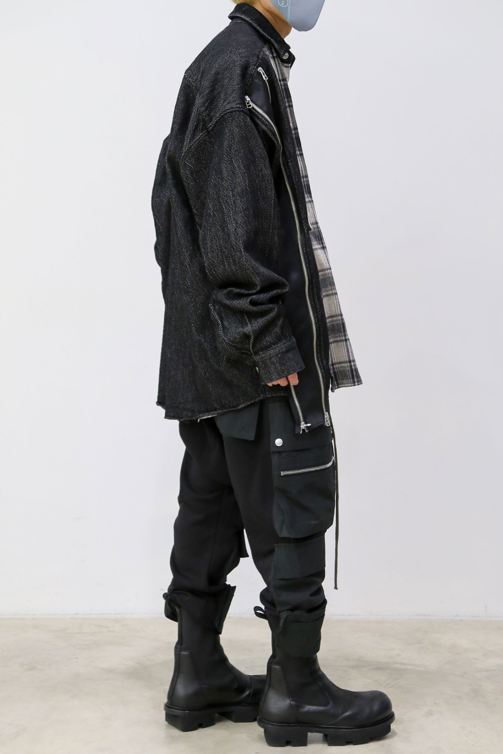 フロントジップアシンメトリーチェックコンビコクーンシャツ / FRONT ZIP ASYMMETRY CHECK COMBI COCOON  SHIRTS / ブラックチェック