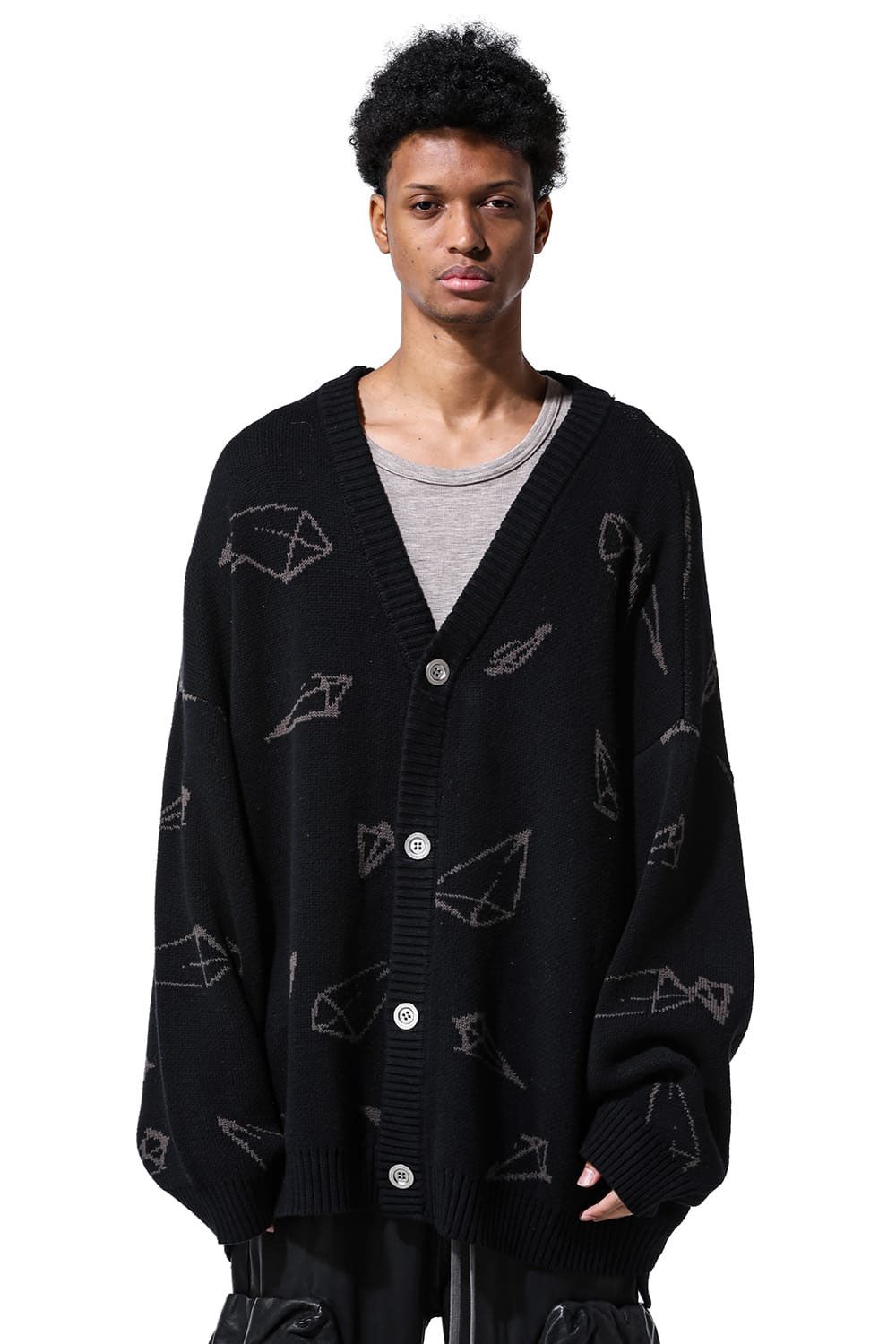 ピラミッド模様オーバーサイズカーディガン / Pyra Pattern Knit Cardigan / ブラック×アイボリー / ag-8010-2