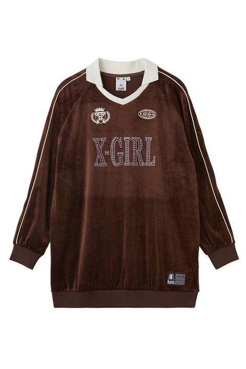 RHINESTONE LOGO VELOUR GAME SHIRT DRESS / ブラウン