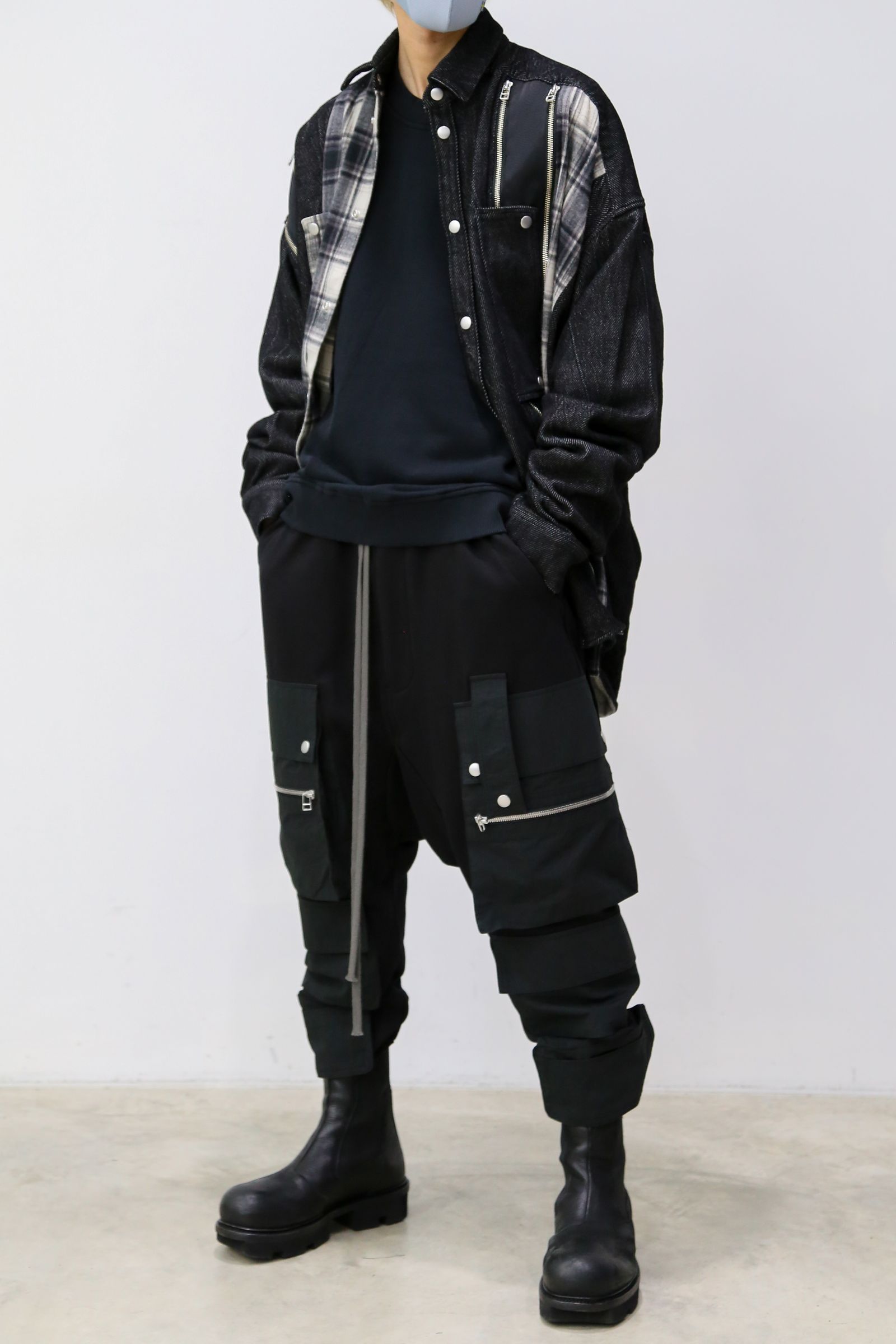 フロントジップアシンメトリーチェックコンビコクーンシャツ / FRONT ZIP ASYMMETRY CHECK COMBI COCOON  SHIRTS / ブラックチェック