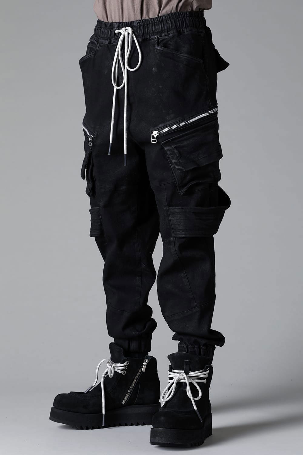 【コーティングあり】ベルトカーゴジョガーデニム / COATED BELT CARGO JOGGER DENIM / ブラック / ag-12064-2