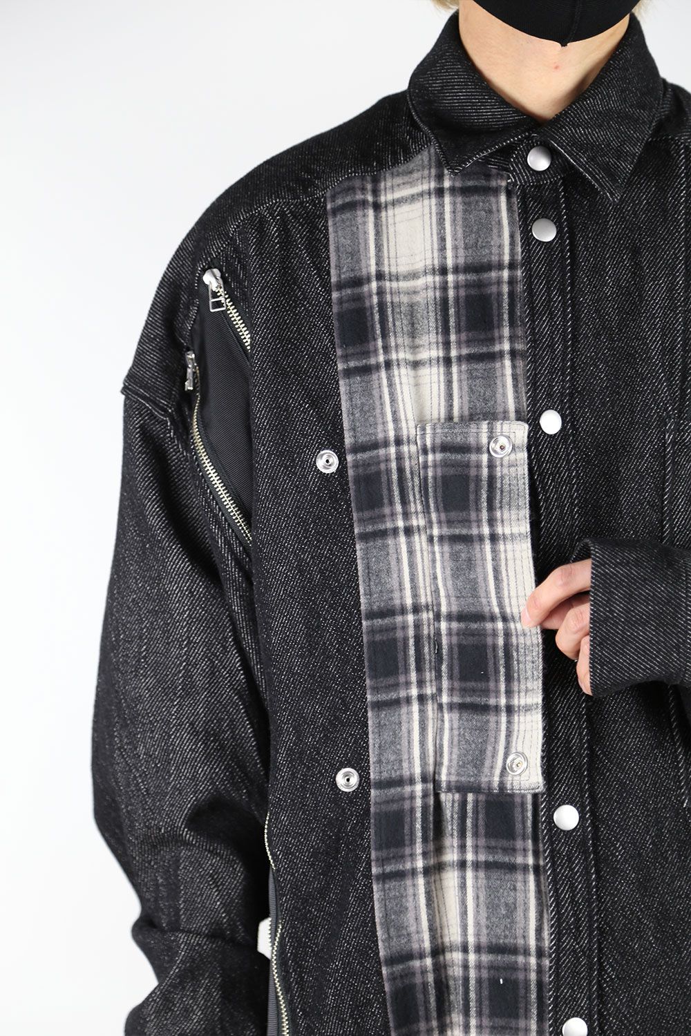 フロントジップアシンメトリーチェックコンビコクーンシャツ / FRONT ZIP ASYMMETRY CHECK COMBI COCOON  SHIRTS / ブラックチェック