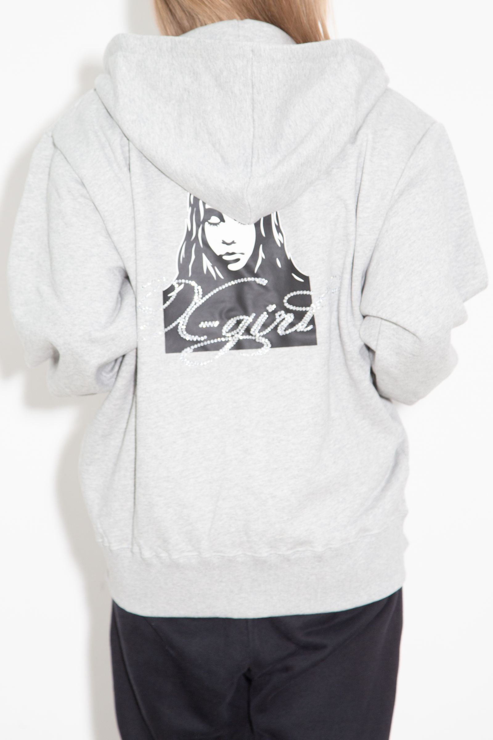 RHINESTONE LOGO AND FACE ZIP UP SWEAT HOODIE / アッシュ