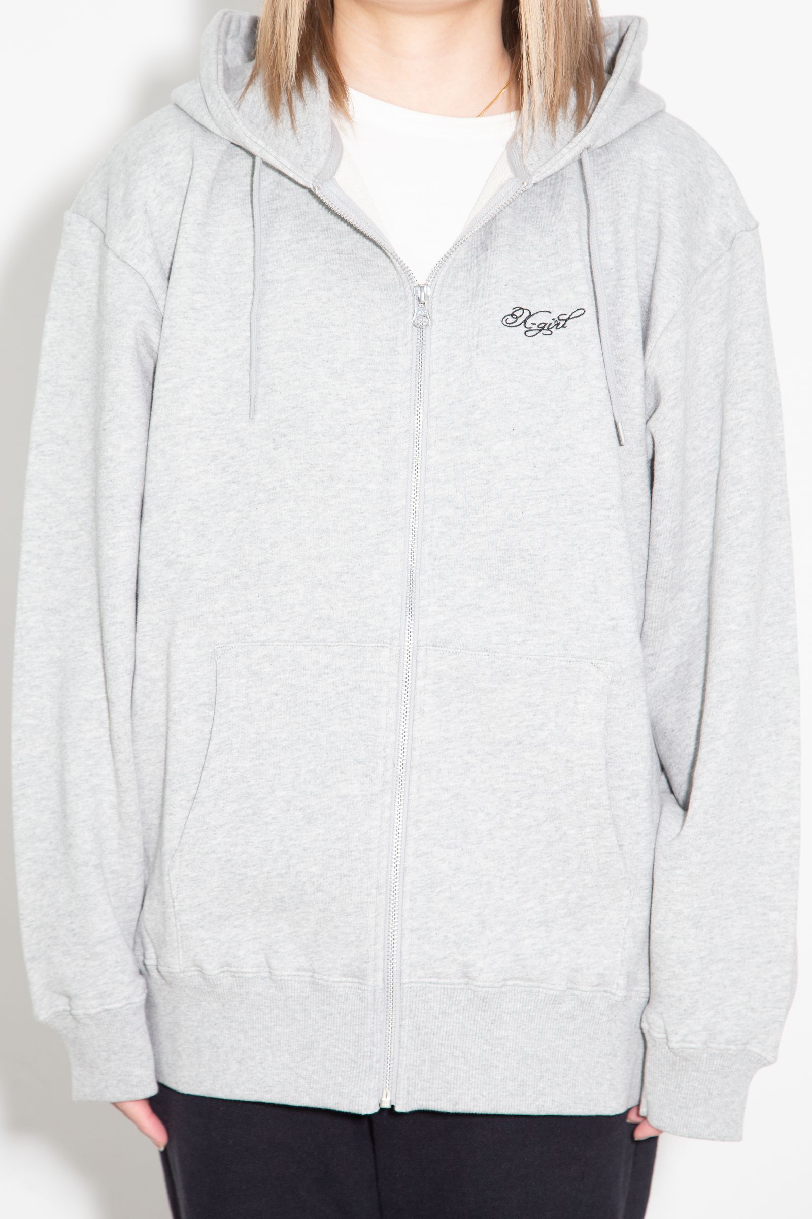 RHINESTONE LOGO AND FACE ZIP UP SWEAT HOODIE / アッシュ