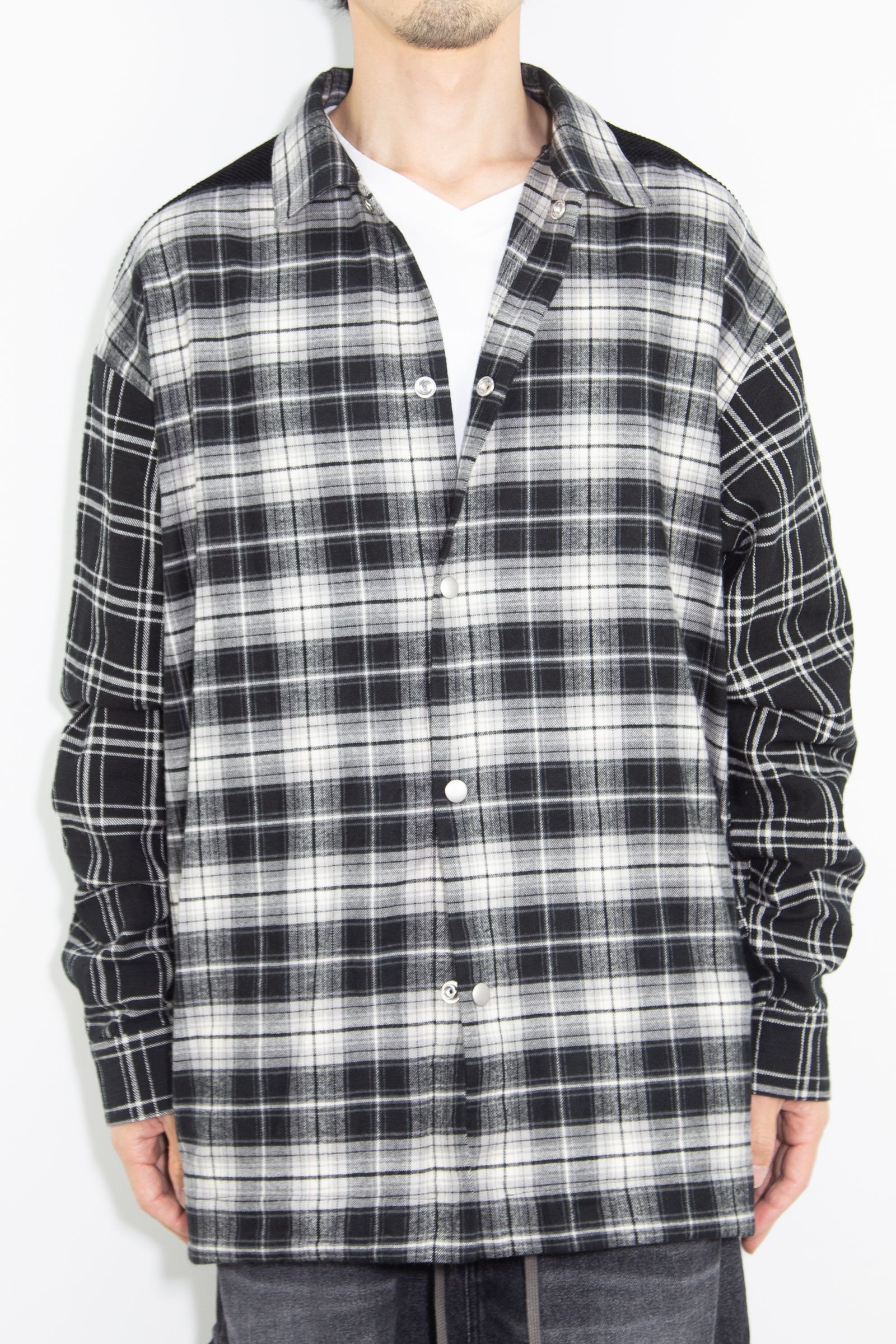 コーデュロイチェックコンビシャツ / Corduroy × Check Combi Shirts / ブラック / ag-8075