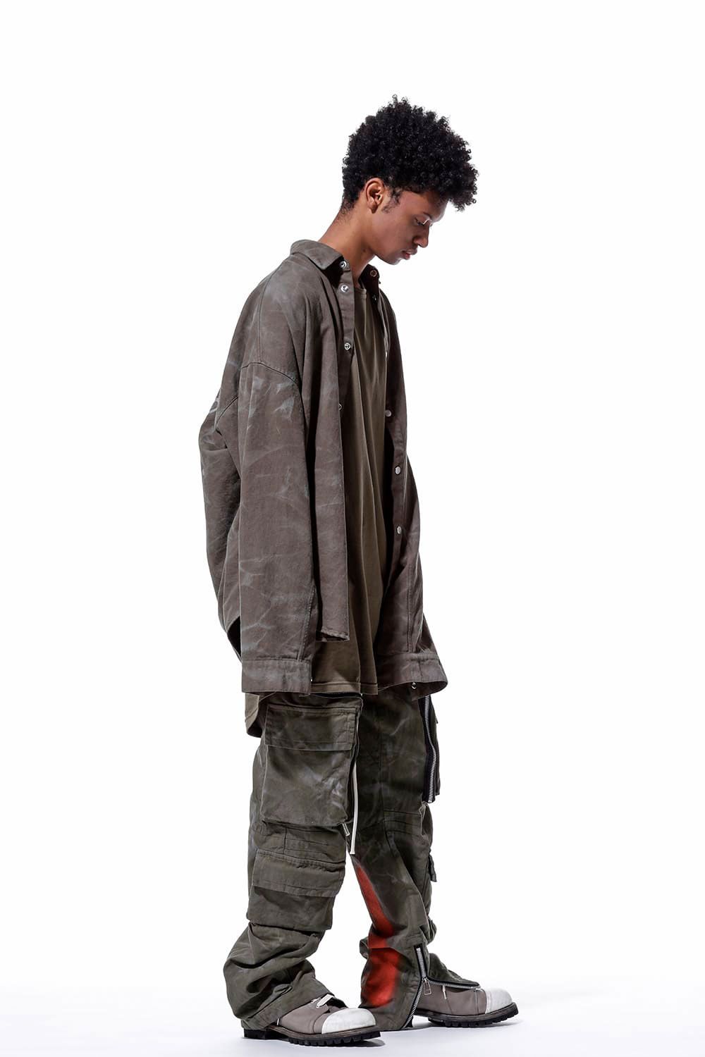 ヴィンテージ染めジップカーゴパンツ / Vintage Dyed Zip Long Pants / カーキ / ag-7036-1