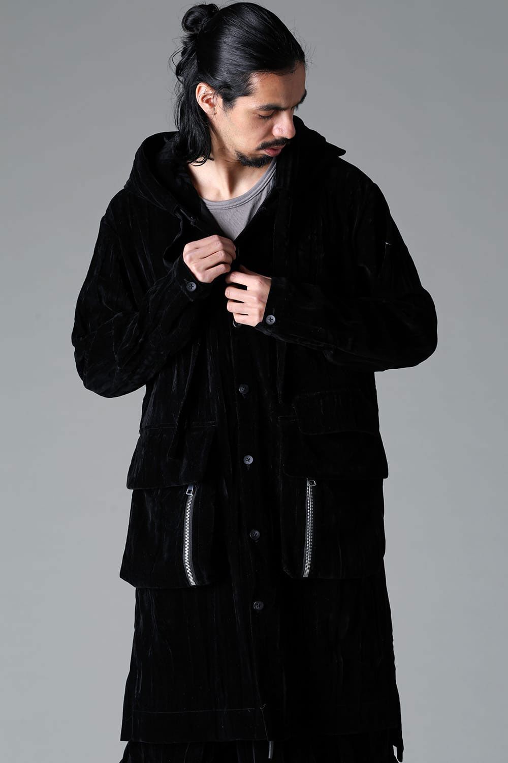 [ラスト1点 サイズ3] ベロアフーディーロングジャケット / HOODED LONG JKT / ブラック / ag-12037