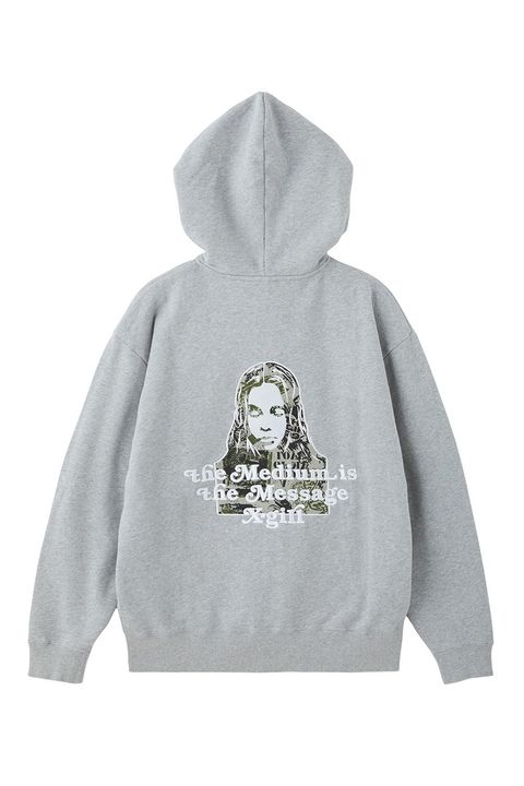 BRUSHED COLLAGE GRAPHIC FACE PATCH ZIP UP SWEAT HOODIE / アッシュ