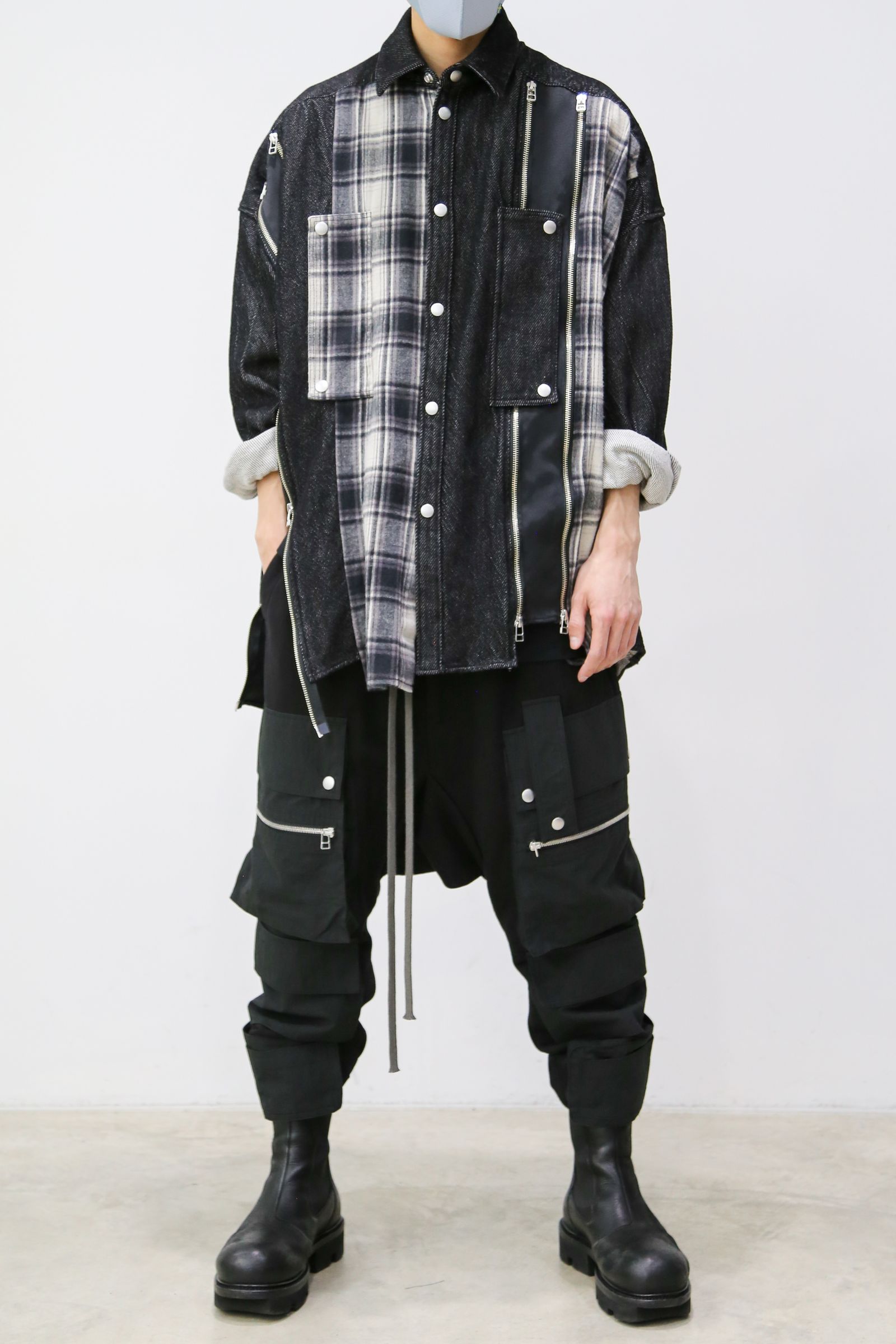 フロントジップアシンメトリーチェックコンビコクーンシャツ / FRONT ZIP ASYMMETRY CHECK COMBI COCOON  SHIRTS / ブラックチェック