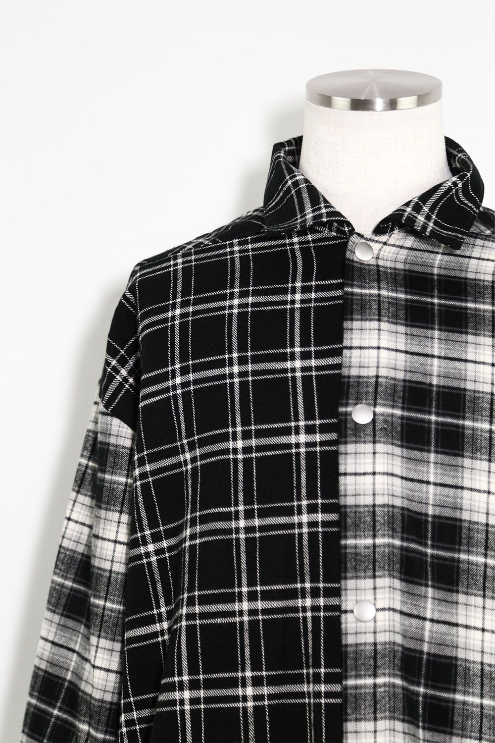 アシンメトリーチェックコンビシャツ / Check Pattern Combi Shirts / ブラック / ag-8074