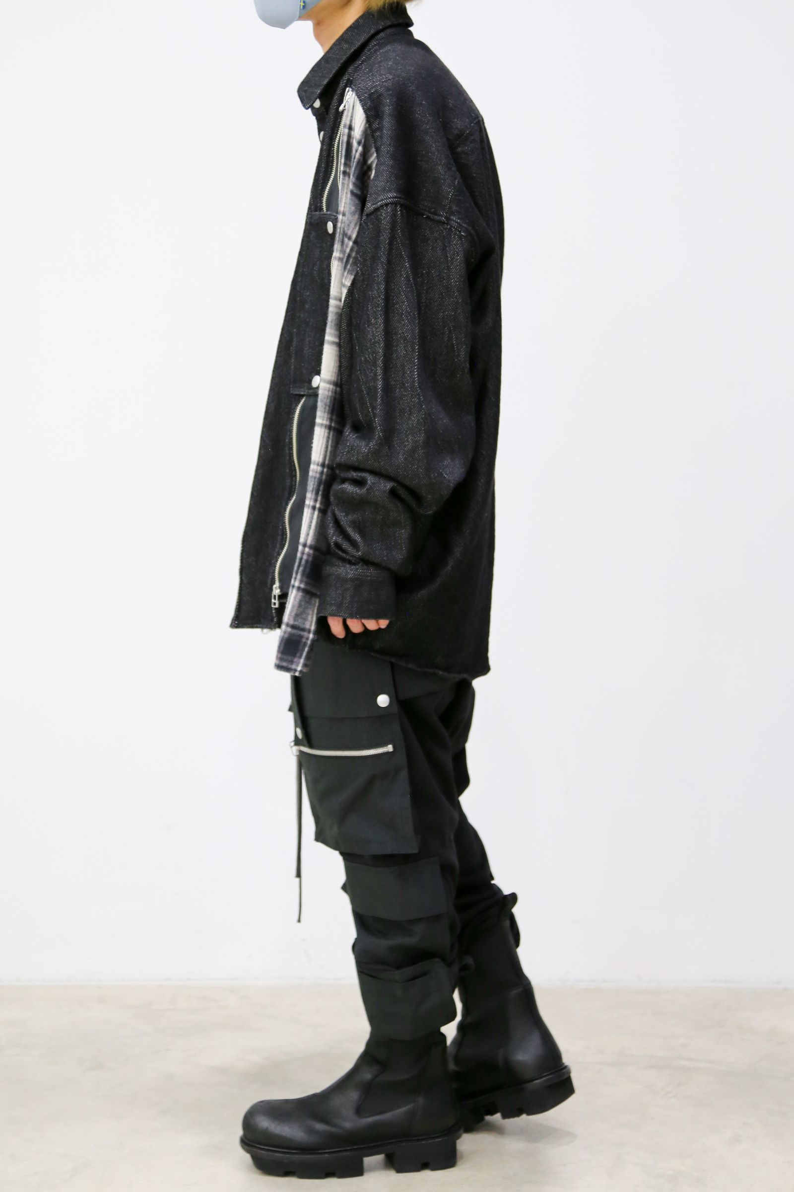 フロントジップアシンメトリーチェックコンビコクーンシャツ / FRONT ZIP ASYMMETRY CHECK COMBI COCOON  SHIRTS / ブラックチェック