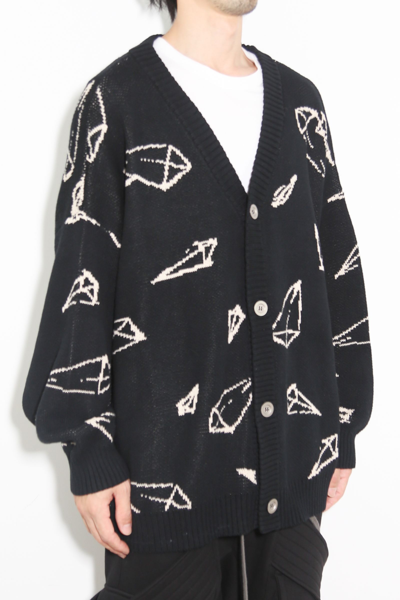 ピラミッド模様オーバーサイズカーディガン / Pyra Pattern Knit Cardigan / ブラック×アイボリー / ag-8010-2